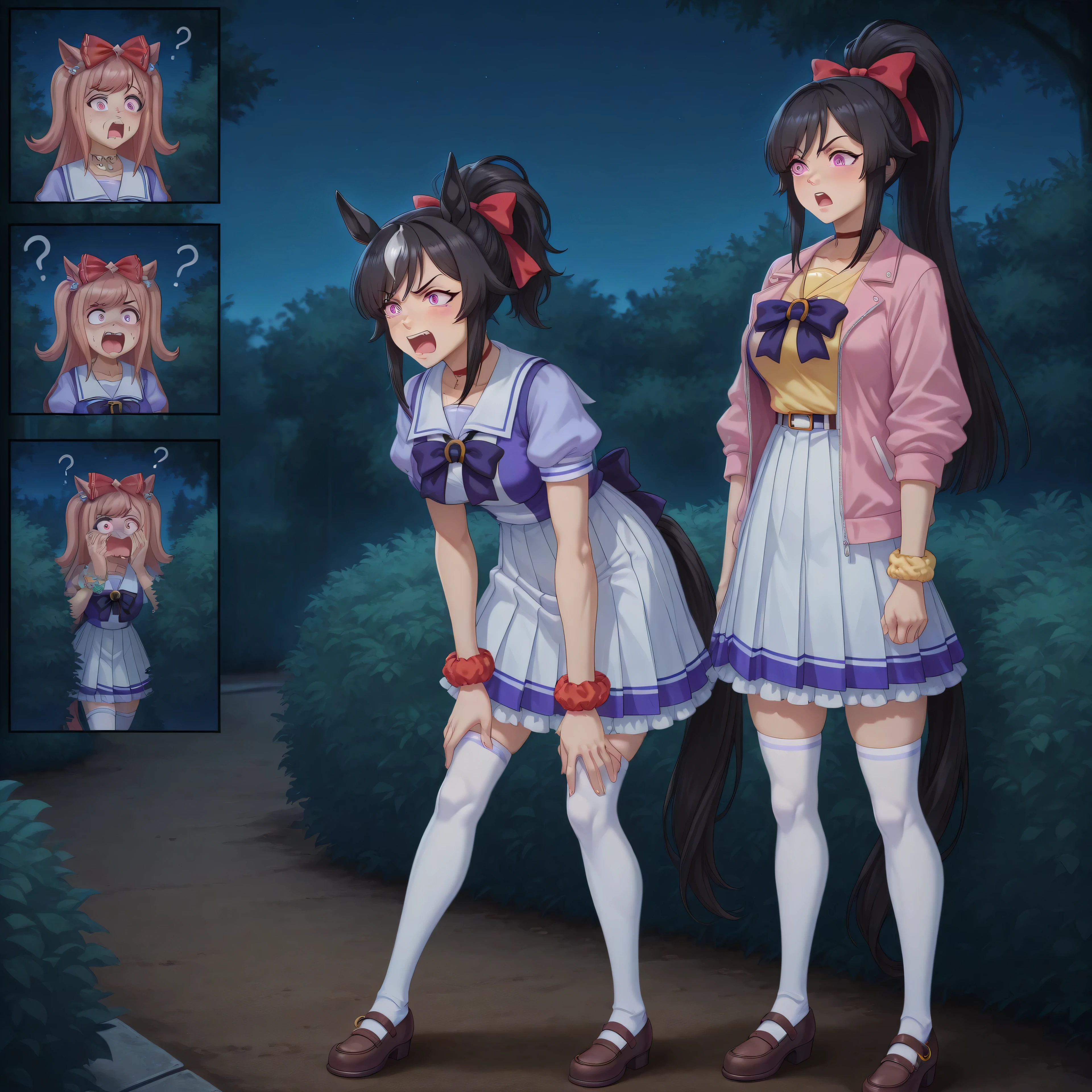 anime, lazypos, masterpiece, best quality, amazing quality, outside, night, night time, 2girls, couple, agnes digital, hair bow, red bow, choker, pink jacket, open jacket, yellow shirt, wrist scrunchie, belt, blue skirt, pleated skirt, white thighhighs, hunched over, amazed, excited, comical expressions, hiding behind bush, spying on Ashley, kaogei, BREAK, Ashley, horse girl, tall girl, toned body, pink eyes, black hair, Ponytail, straight hair, confused, medium breasts, TracenShort, tracen school uniform, purple sailor shirt, white pleated skirt, white thighhighs, brown loafers, purple bow, puffy short sleeves, looking at bush, raised eyebrow,