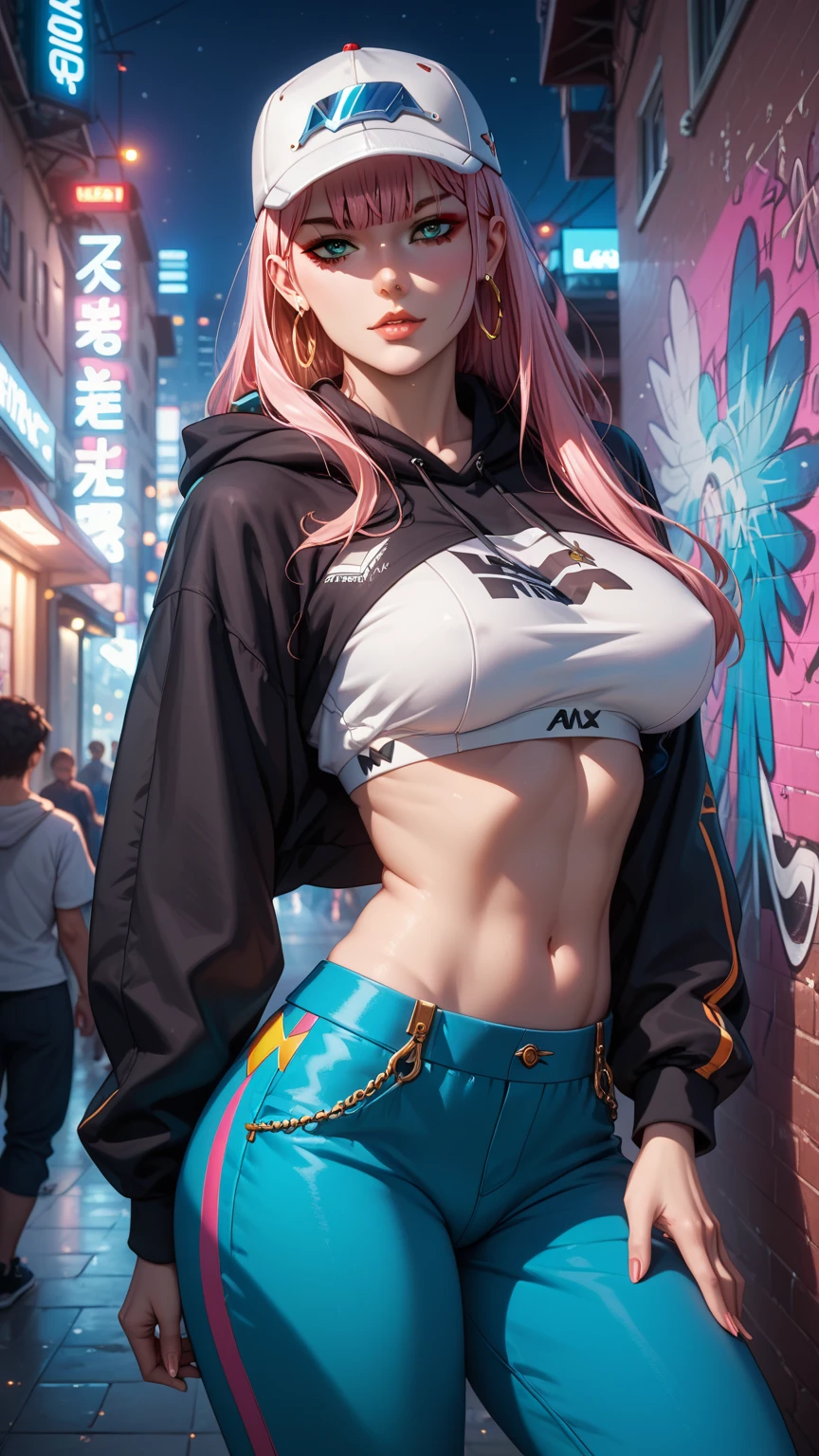 girl, (Lower bust:1.4),Large breasts droop、(ssmile:1.5)，Colored inner hair,Long gray hair:1.5,Long unkempt hair:1.35,cabelos preto e longos,Complex hairstyles,(((neon_Pink_There are eyes:1.3))),complex eyes,Beautiful and delicate eyes,symetric eye)),(spider lower abdomen,Willow waist,Wide hips,athletic body build,inflatable legs,Detailed body), Cute big breasts,'s,((((cropped hoodie,)))), (dynamicposes:1.0),Just focus,Embarrassing,(Located in the center,Scale to fit the dimensions,the rule of thirds), Neon lights are particularly eye-catching, very bright neon light,during night, star night, kosmos, artsy photography,(Photos taken by sldr),A high resolution, Focus sharp, (realistic artwork:1.37),(extremely detaild's CG unified 8k wallpapers),((Synthetic wave background theme)),(((vibrant with colors))),iintricate,(intricate background),(tmasterpiece),(Best quality at best),It's a perfect face,Perfect facial detail,Realistic face,Live photos,analogue style,((Complicated details)),(((actual))),