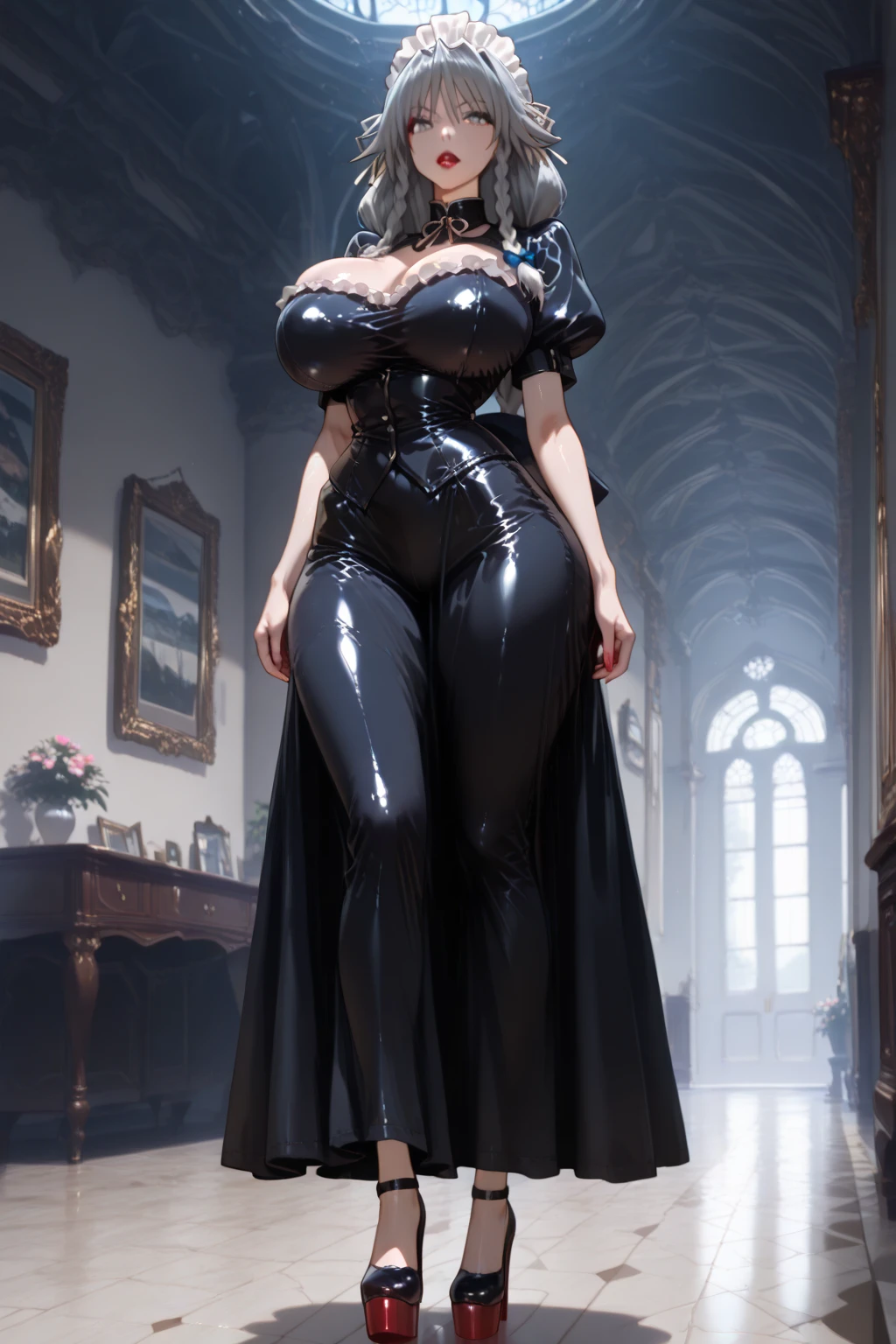 From a low angle, we see Tiffany Towers, a confident single mom. Her short, white hair is styled in a bob, and her eyes are narrowed slightly. She has a slender figure with thin legs, but a hint of wider hips adds a touch of curvaceousness. Clad in a Victorian maid outfit, complete with a leather collar, she stands with her hands firmly on her hips, radiating a sense of self-assured beauty.