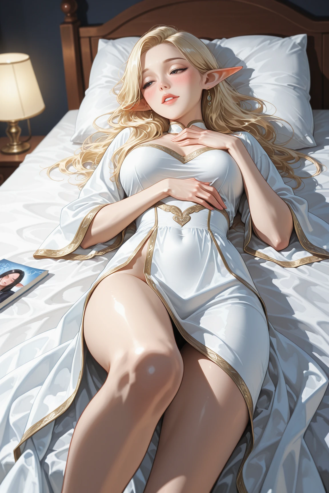 (masterpiece), (best quality), (detailed), light layer, 1 solo girl, young girl in bed, Sexy sheer colonial dress, Perfect body, blonde hair, Clear , Well-defined clavicle, surreal, lifelike, detailed, perky transparent nipples, wet clothes