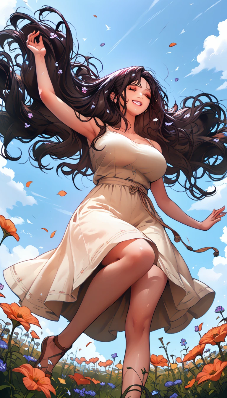 Cute beautiful indian teenage 18 year old girl , wearing beautiful one piece dress curly hair, blue eyes, brown hair , long hair , smiling, big breast, at top of mountain , hot sexy attractive seductive gorgeous full body pose full body shot
