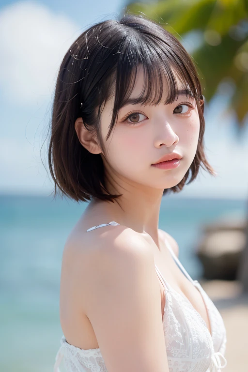 melancholy lighting, Quiet and calm brightness, ​masterpiece, top-quality, 1girl in, (JinxLol:1.2), (Ultra-realistic:1.3), (​masterpiece:1.4), top-quality, ((realisitic)), hightquality, ultra-detailliert, ((Real Image)), ((real looking skin)), ((Lifelike face)), (illustratio:1.05), (Beautiful fece:1.05), (beatiful detailed eyes:1.05), (Movie Light:1.1), full body Esbian, Precise proportions, 28-year-old girl, Slim Model Sea Beam, vague, the beach、Umbrella Shadow、A dark-haired、short bangs、Hair that flutters in the wind、Detailed Bikini、long legged、slightly open legs、s ass、red blush、full of shyness、鎖骨、hason、Double weave、beautiful and delicate face、Umbilical piercing、fair white skin、authentic skin、(Details of face)、pores、10 piercings、超A high resolution、8K、parameters Best quality、​masterpiece、超A high resolution、(Real 2.0)、detaileds、Honu tattoo、Detailed skin、Wide smile、White teeth、Bulky ginger blondie hair、  Perfect and well-designed black eyes、long lashes、girlfriend、Beautiful fece、Beautiful fece、florals、Studio Lighting、Blue Sky Background、the beach、white clouds、Palm trees