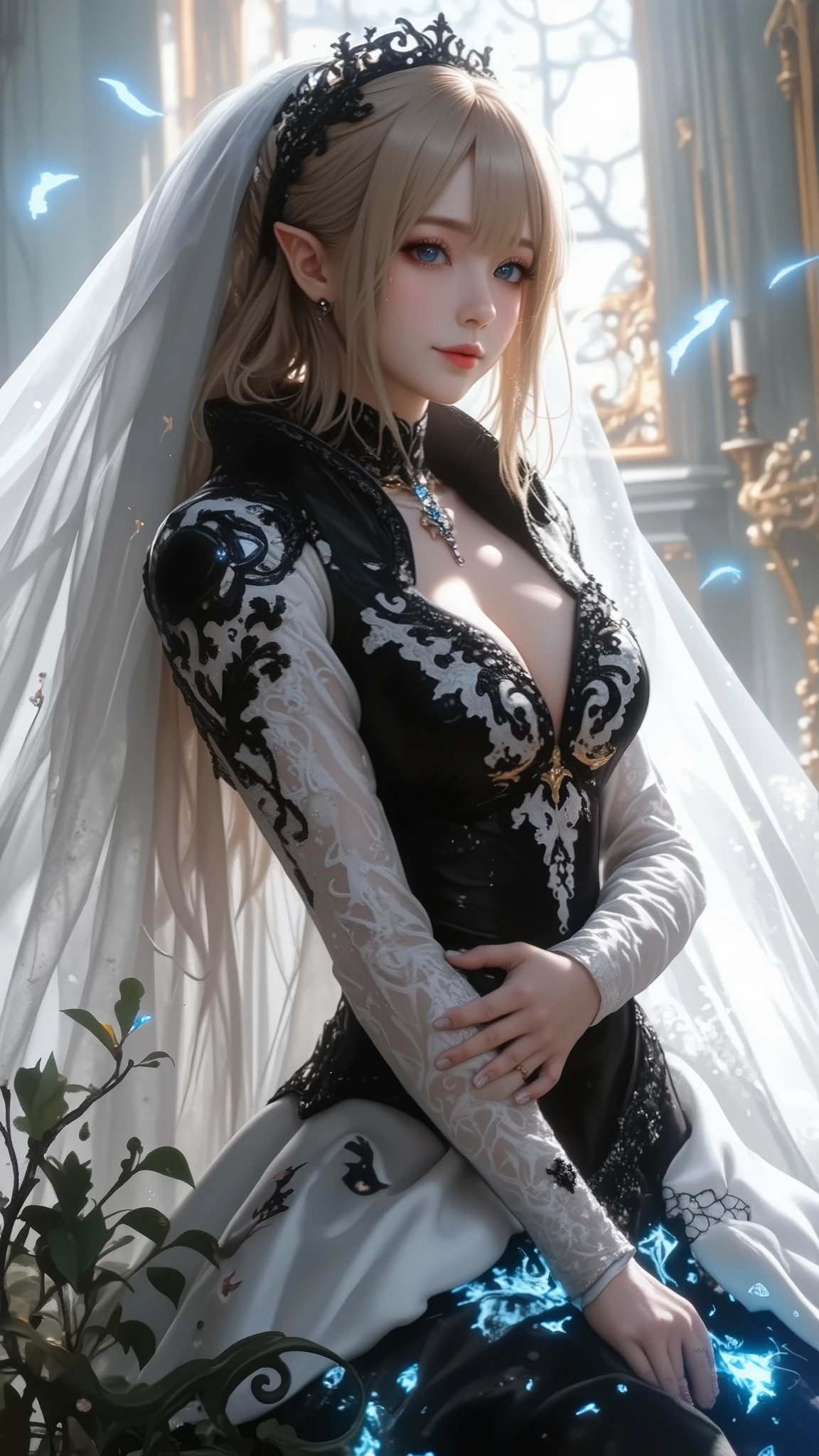 ultra detailed 8k cg, intricate detail, delicate patern,  jewelry, gem, silver, silver theme, shiny, glint, sparkle, silver hair, silver cloak, silver eyes, rich, prestige, gothic architecture,