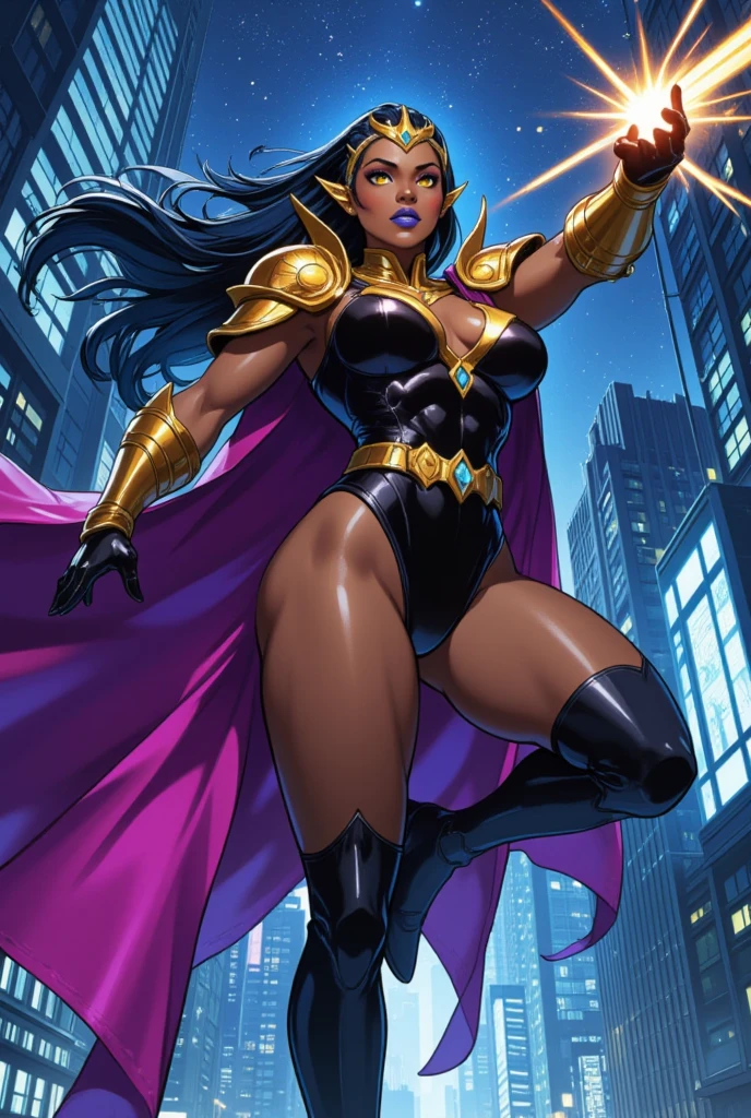 ((best quality)), ((masterpiece)), (illustration), (cinematic), (volumetric lighting), mature 35-year-old woman, anime shading:1.5, 1girl, dark skin, face looks like Rihanna, afro puffs hairstyle, two-tone hair, black hair, blue hair, fat girl, giantess, thick thighs, wide body, wearing stylish royal guard armor, futuristic design, standing, wet and shiny, ororo munroe likeness, dark lips, wide nose, african-american facial features, long hair