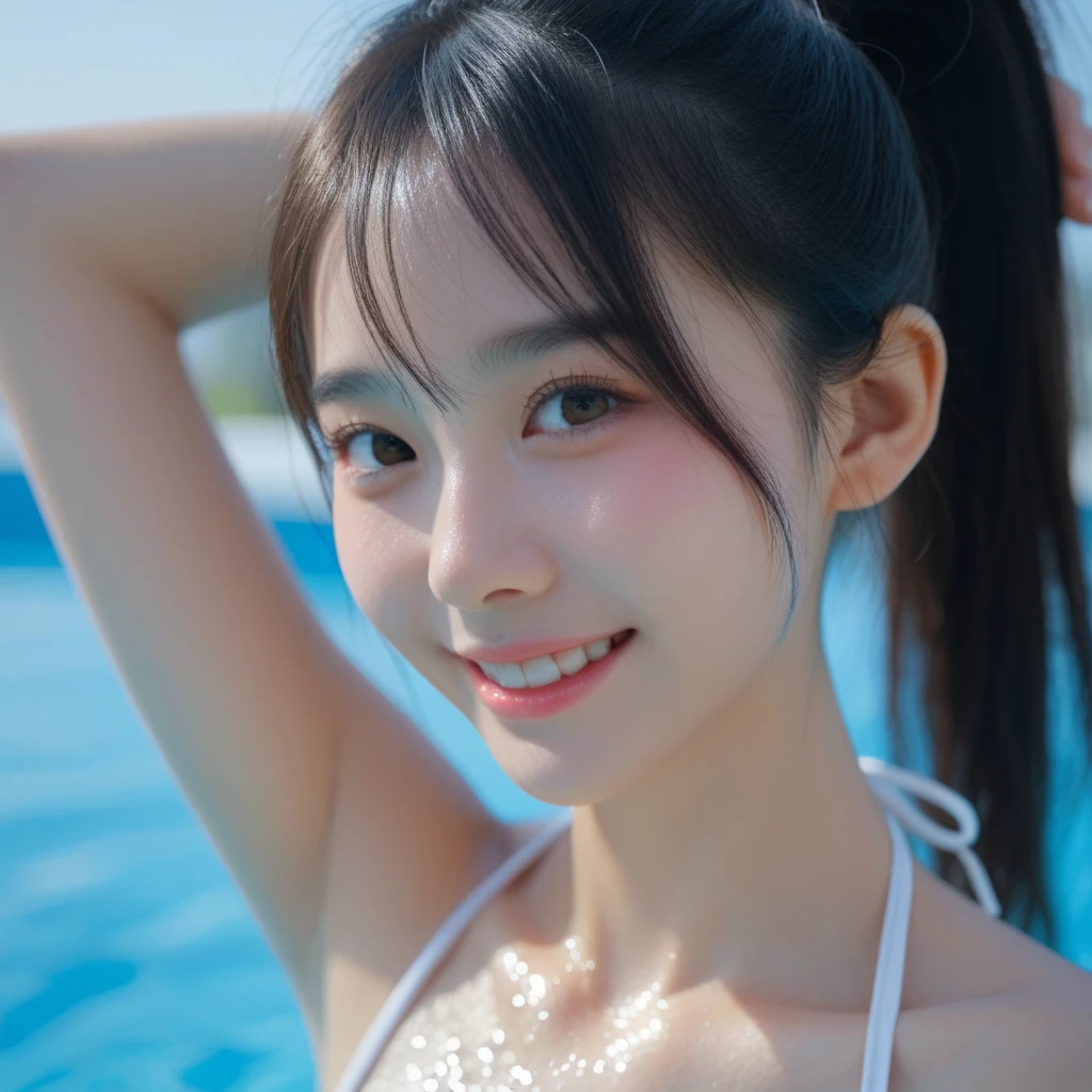 One Girl，Very cute girl at 16 years old，Big eyes:0.5，The face is facing straight ahead，Body facing forward，Beautiful nose，Fuller lips，Short black hair，ponytail，Detailed eyelashes，Thin eyebrows，Symmetrical eyes，Face close-up，White swimsuit，Portrait，View Viewer, half smile:0.5,