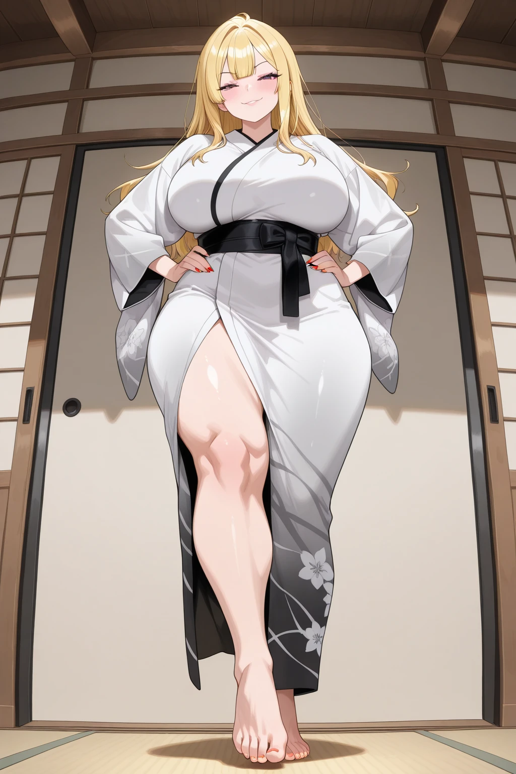 (Full body, glasses), An image of a pregnant girl with her belly on full display wearing japanese clothes. She is a very voluptuous lady
