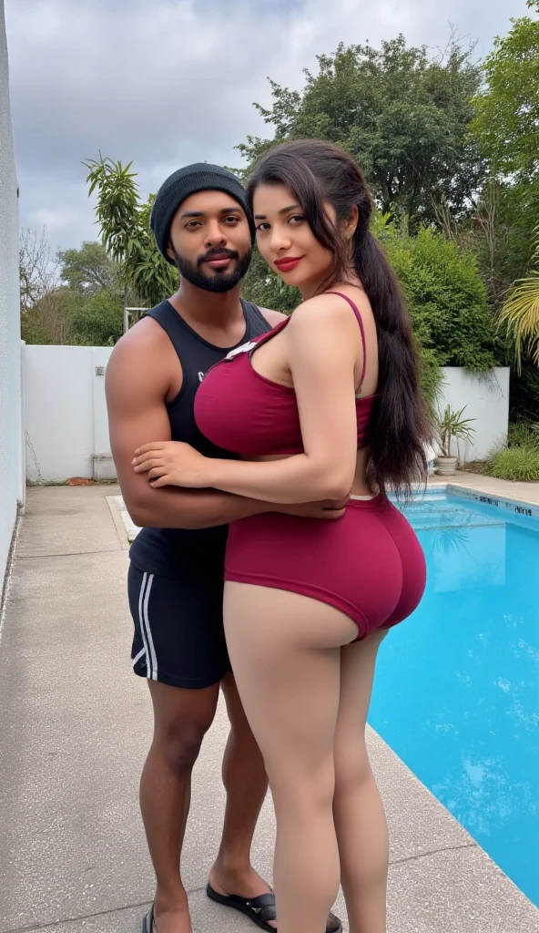Beautiful and Slim Indian woman Aishwarya Rai in red leather bikini lifting a large chubby fat man above her shoulders, man is sitting on woman's shoulder, in a swimming pool, natural smile, woman is looking into the camera , her hands are on her waist, full image 