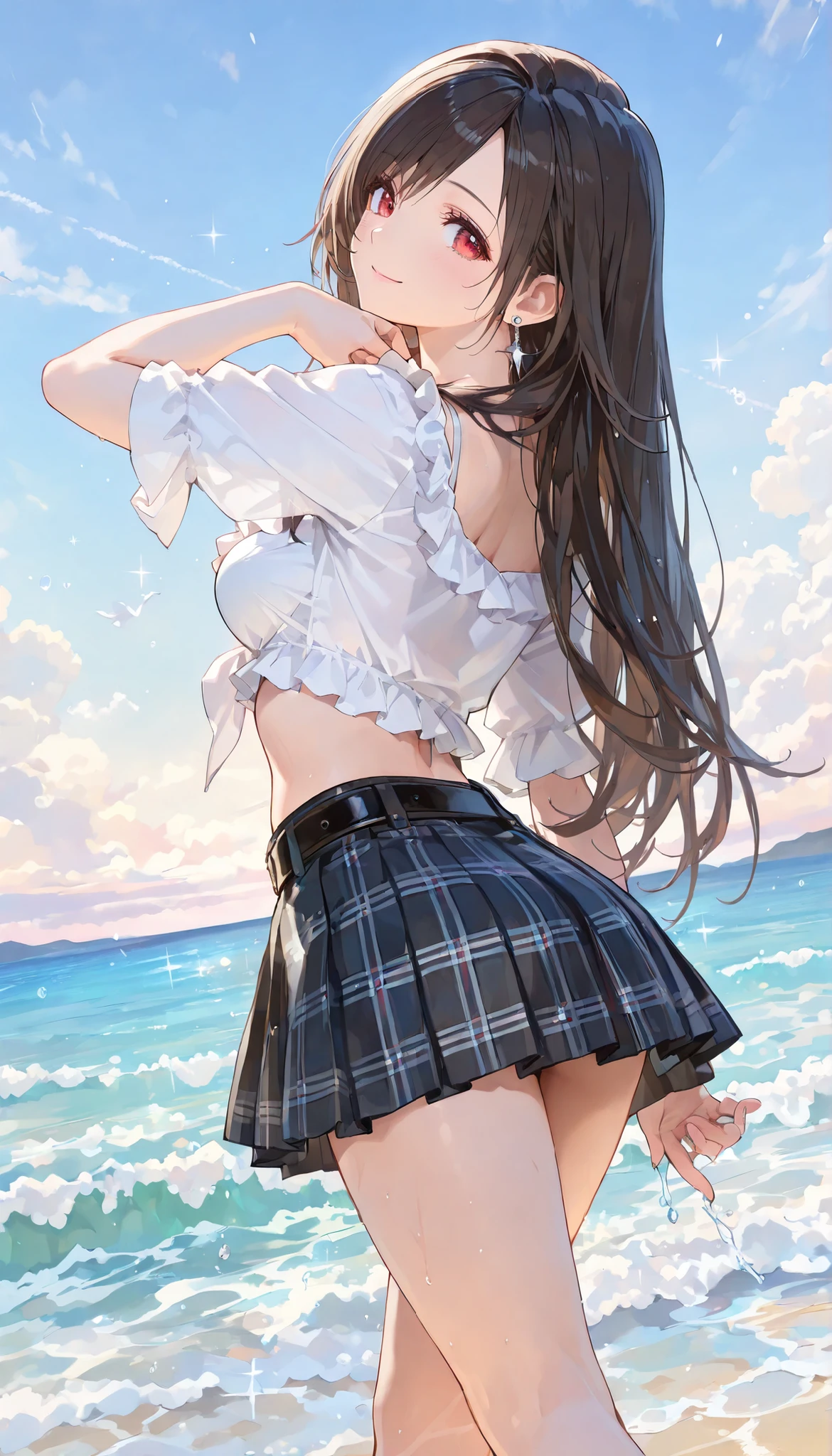 A young woman with ((long brown hair and gray eyes)), wearing sexy clothes, a skirt with a slit that reaches to her waist, flapping in the wind, and (((no underwear))).