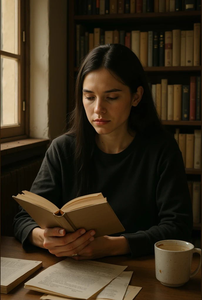 In the dimly lit Parisian café, a solitary Sara sits, her raven-haired head bowed bent over an antique wooden table, her deep brown eyes staring into distance lost in thoughts as her delicate fingers trace edge fragile porcelain cup, while a single candle flickers behind vintage book stacked precariously next to empty chair casting elongated shadows across worncheckered tablecloth and cobblestone floor against the brown wall. <lora:qlhokt18fc46c5994j4d9:1>