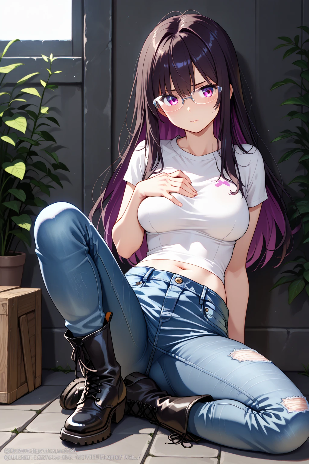 (masterpiece, best quality, ultra-detailed), Raiden shogun \(genshin impact\), (purple hair), cone hair bun, twin tails, long hair, swept bangs, braid, braided bangs, purple eyes, pink eyes,
(wearing a t-shirt:1.2), sitting on a chair outside of caf, embracing the natural beauty, sunlight, beautiful cloudy sky, city, street, denim shorts, black stocking,
medium breasts, thick thighs, critical angle, cowboy shot, arm behind head, arm behind back, armpit, shy face, crop top, strong and seductive expressions,,