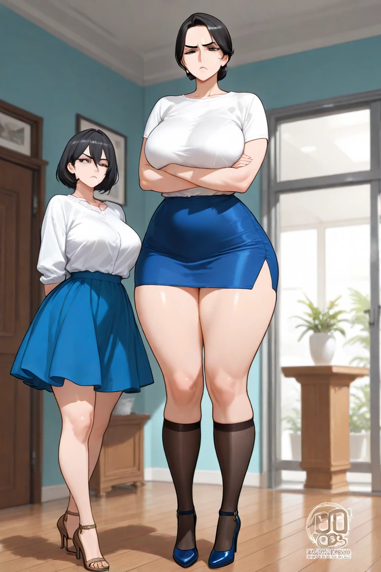 , ((highres)),Masterpiece, high quality, best quality, beautiful, perfect lighting, detailed face, ultra cute face, ((2girls)), embarrassed look, ((blush)), looking at viewer, hand on hip, standing in office, (office), daytime, dress shirt, pencil skirt, (tight clothes), (chubby), chubby belly, (thigh highs), (wide hips), ((thick thighs)), medium breasts, cleavage, perky breasts, standing next to each other,