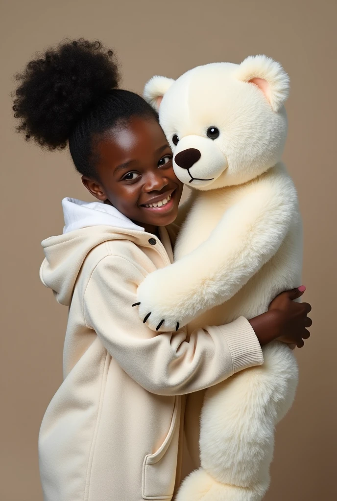 realism portrait of a 3 year old girl ((dark skin color)) cute, afro-futuristic, chibi, cute smile, ((holding a bear)), wearing T-shirt and jeans, current fashion, long hair tied up, ( (kanekalon)), background dark lighting, close-up, product view, detailed facial details, perfect face, sharpness, trend art, sharp facial details, cgsociety, ultra high quality digital art, exquisite hyper details, 4k, 8k lighting smooth, --iso 100 dreamy, fashion -