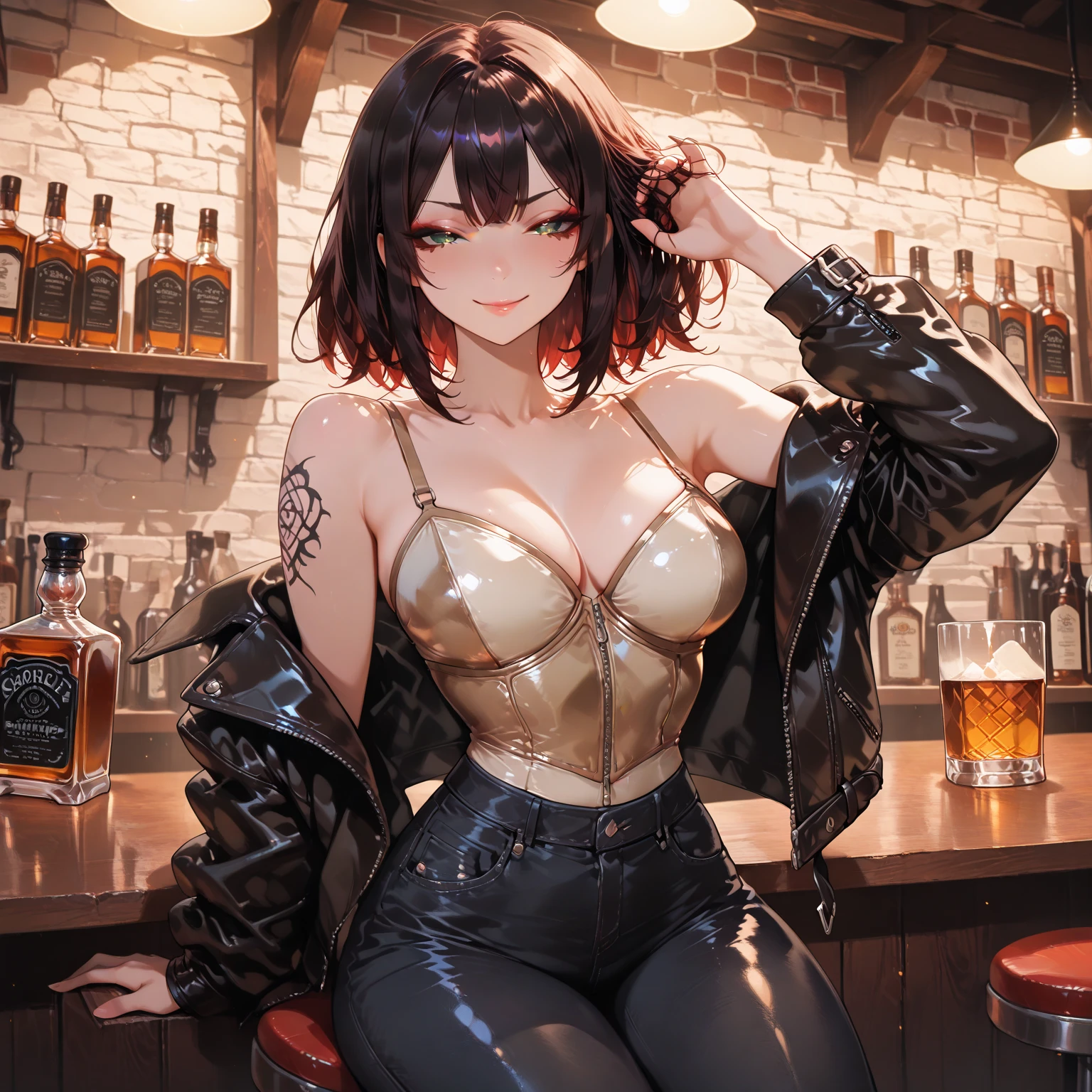 portrait photo of elexissinclaire wearing esjacket at a nightclub sitting at bar, wicked smile, (masterpiece) (best quality) (detailed) (8k) (HDR) (wallpaper) (cinematic lighting) (sharp focus) (intricate)