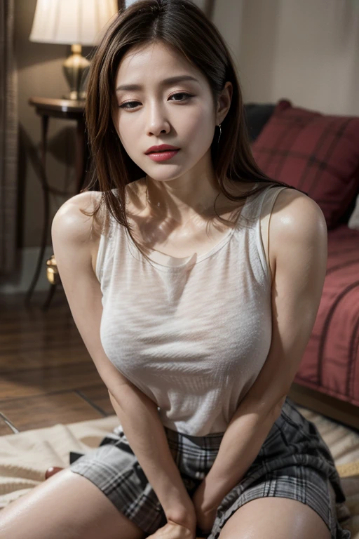 extreme close-up of A beautiful girl with a mixed Korean and Russian face, 36 inch breasts size,  wearing a white tank top that is thin and transparent, necklace , in the hotel room, UHD, caramel hair, upon body from head to thigh, sitting on a wood chair