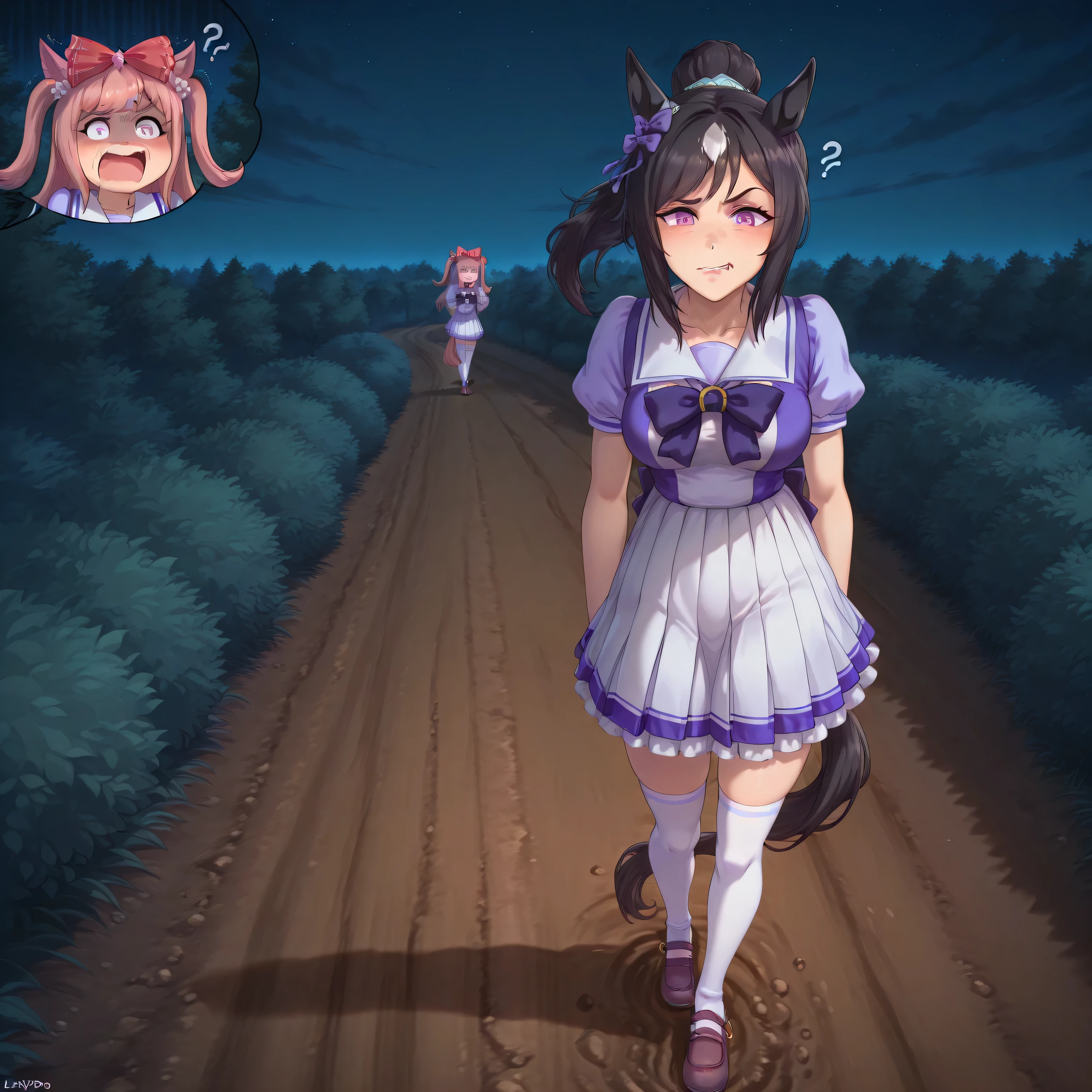 anime, lazypos, masterpiece, best quality, amazing quality, outside, night, night time, 1girl, couple, agnes digital, horse girl, hair bow, red bow, TracenShort, tracen school uniform, purple sailor shirt, white pleated skirt, white thighhighs, brown loafers, purple bow, puffy short sleeves, hunched over, excited, comical expressions, hiding behind bush next to dirt pathway, spying on Ashley, kaogei, BREAK, 1girl, Ashley, horse girl, tall girl, toned body, pink eyes, black hair, Ponytail, straight hair, confused, medium breasts, walking on dirt pathway, TracenShort, tracen school uniform, purple sailor shirt, white pleated skirt, white thighhighs, brown loafers, purple bow, puffy short sleeves, raised eyebrow,