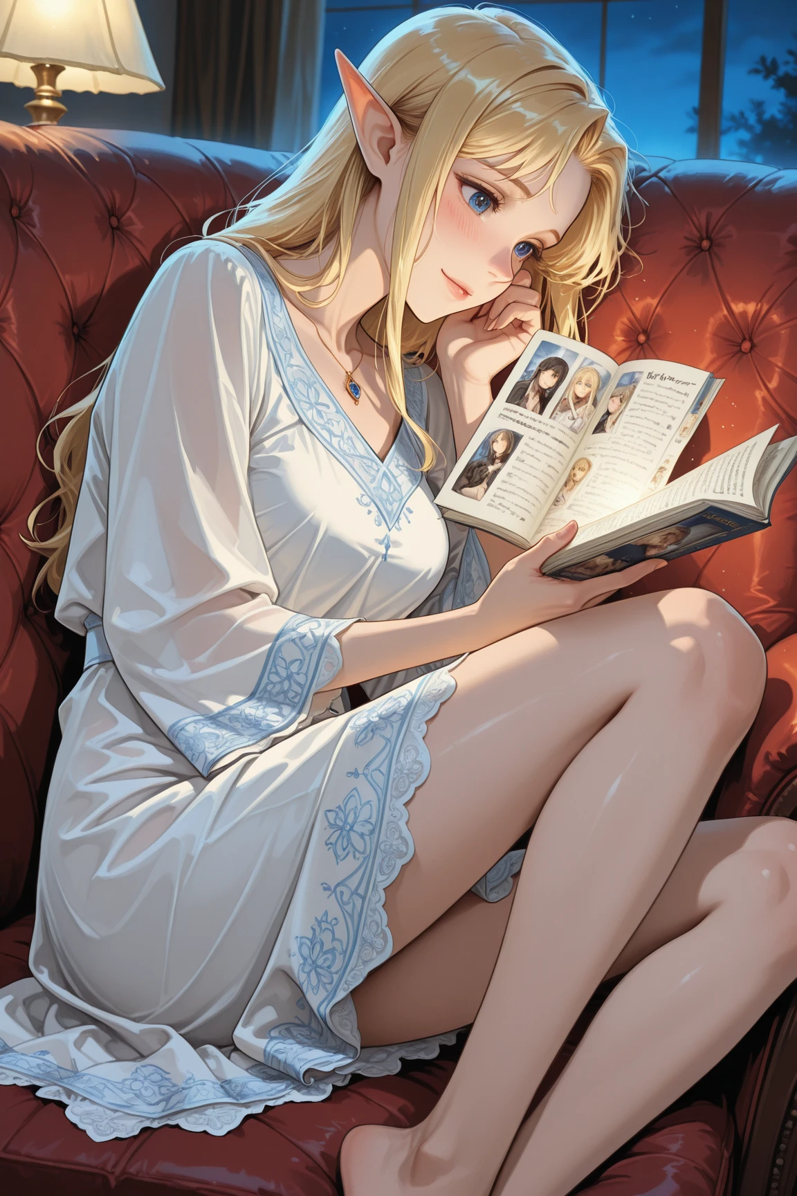 Masterpiece, Best Quality, (Very Detailed CG Unified 8k Wallpaper, Masterpiece, Best Quality, Ultra Detailed, Best Shadows), (Detailed Background), (Beautiful Detailed Face, Beautiful Detailed Eyes), High Contrast, (Best Lighting, Very Delicate Beautiful), (Girl:1.5), ((Blonde Woman Pajamas Painting Volegov Carl Lerasson)), ((Mean, Sexy, Glamorous, Seductive)), Holding a Book, Reading a Book, Dynamic Angle, Beautiful Detailed Glow, Full Body, Cowboy shooting