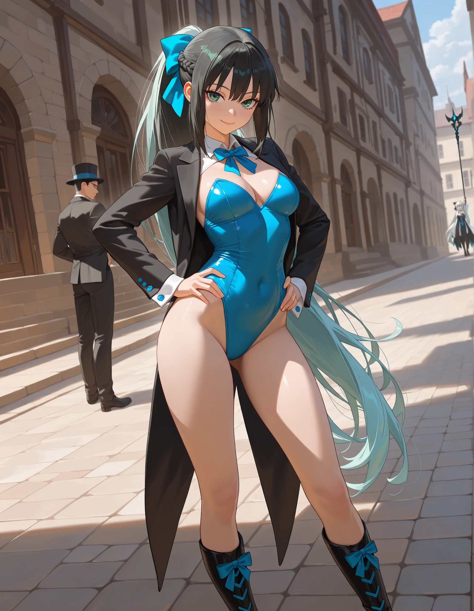 ass, cameltoe, 1girl, twintails, long hair, witch hat, pantyhose,gloves, black hair, choker, jewelry, cape, gold trim, blue leotard,earrings, detached sleeves, star (symbol), hat ornament, green eyes, fur collar, parkle print, sorriso sexy, apalpando os peitos, sorriso sexy, (alta qualidade, 8k, obra prima, qualidade ultra, extremamente detalhado, bem colorido, no blurries, foco absoluto, impeccable quality)
