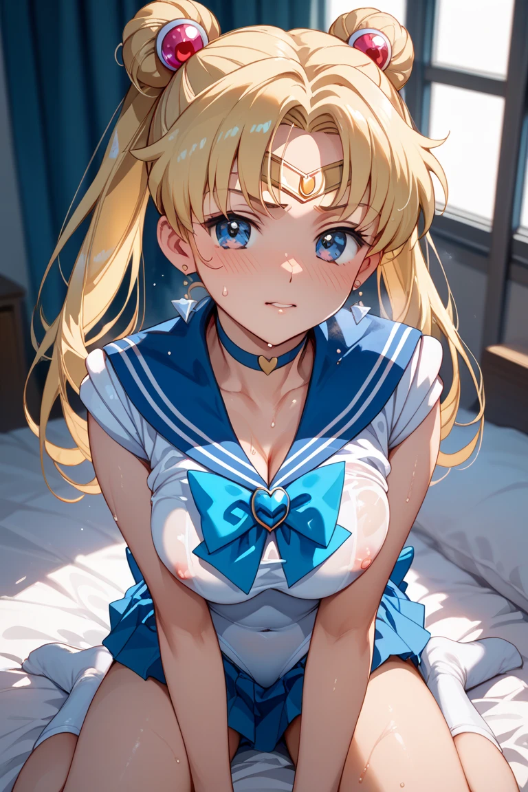 Browsing Caution　Sailor Uranus, Kizuki Eye,, Big and ample breasts, Aqua Eye, blonde, Sailor Warrior Uniforms, Sailor collar, Chest Bow, Yellow ribbon, Attractive skirt, White elbow gloves, Bedroom, (Nice:1.2),Shirtless and staring at the viewer, Erect nipples、Showing panties、Ultra mini skirt、Micro Panties、(Dynamic pose:1.2)、(Downから見る:1.2)、Camel Toe.Between the legs、belly button、Spread your legs.(Browsing Caution:1.2)、(Down :1.2)、Between the legsフォーカス、Dynamic Angle　((((topless))))++　綺麗なBedroom　Night view ( Sex, sexual intercourse, put in, Heterosexual, Motion Lines, Motion Blur, Talking Spirit:1.1), (Lie in, Lie in on your back, bed,Subjective:1.1)(Cum on body / Excessive semen  projectile))