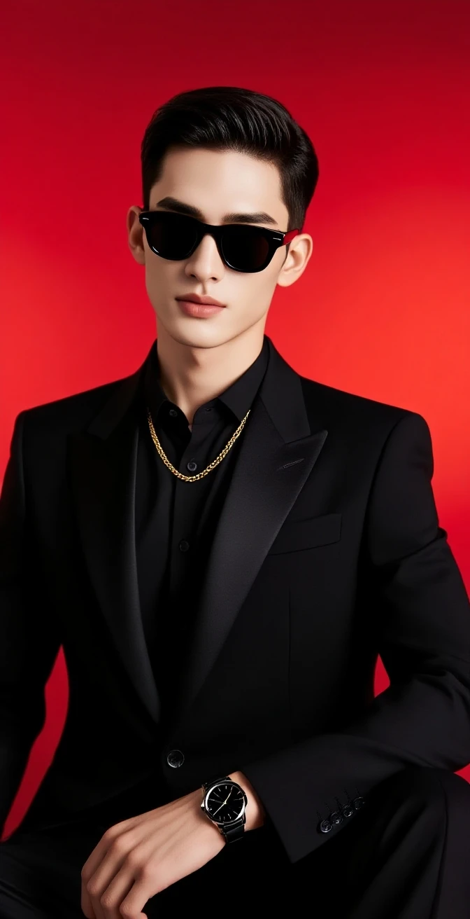 Man in law wearing black leather jacket, gold necklace with pendant, black sunglasses