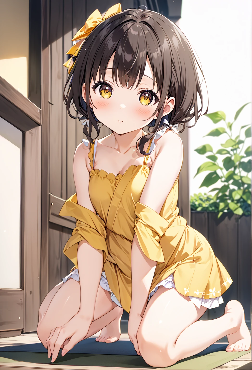 Brown shoulder length hair,Light yellow clothes with white inner wear,Metal choket,Cute and adorable little wife
