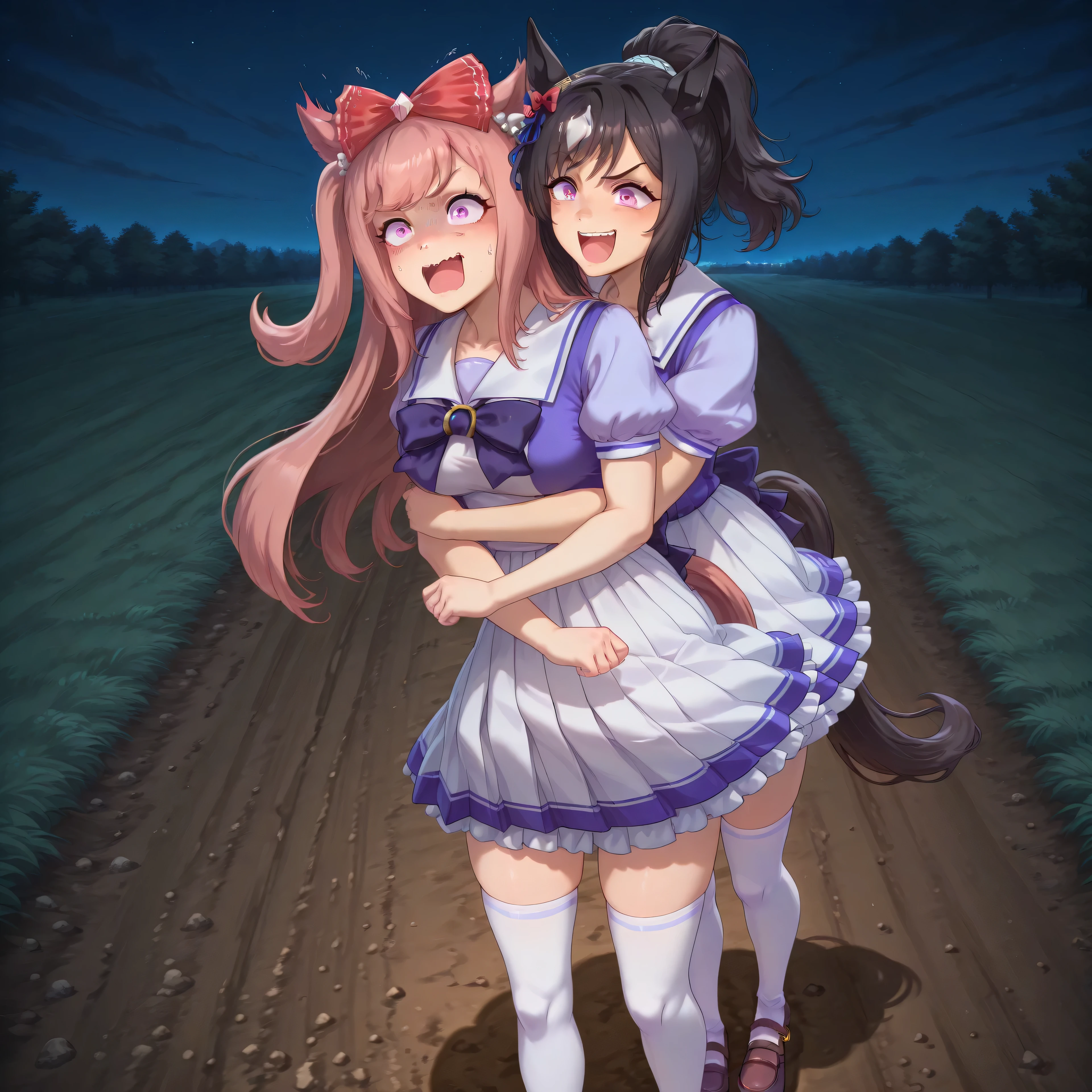anime, lazypos, masterpiece, best quality, amazing quality, outside, night, night time, 1girl, couple, agnes digital, horse girl, hair bow, red bow, TracenShort, tracen school uniform, purple sailor shirt, white pleated skirt, white thighhighs, brown loafers, purple bow, puffy short sleeves, excited, comical expression, hugging Ashley, behind Ashley, kaogei, BREAK, 1girl, Ashley, horse girl, tall girl, toned body, pink eyes, black hair, Ponytail, straight hair, medium breasts, walking on dirt pathway, TracenShort, tracen school uniform, purple sailor shirt, white pleated skirt, white thighhighs, brown loafers, purple bow, puffy short sleeves, raised eyebrow, surprised, shocked,