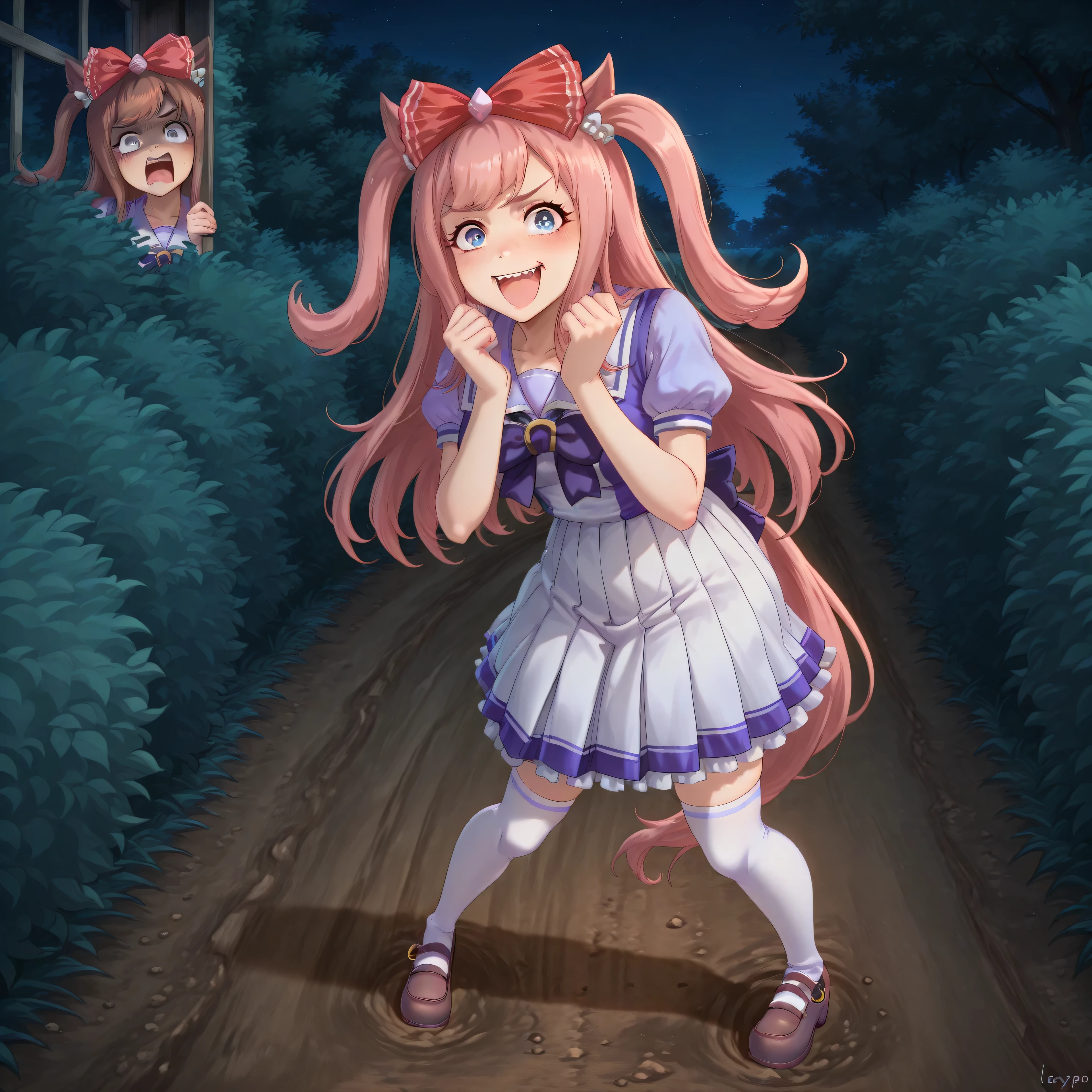 anime, lazypos, masterpiece, best quality, amazing quality, by dirt path, next to dormitories, night, night time, 1girl, solo, agnes digital, hair bow, red bow, TracenShort, tracen school uniform, purple sailor shirt, white pleated skirt, white thighhighs, brown loafers, purple bow, puffy short sleeves, hunched over, hiding behind bush, spying on viewer, excited, comical expression, kaogei,