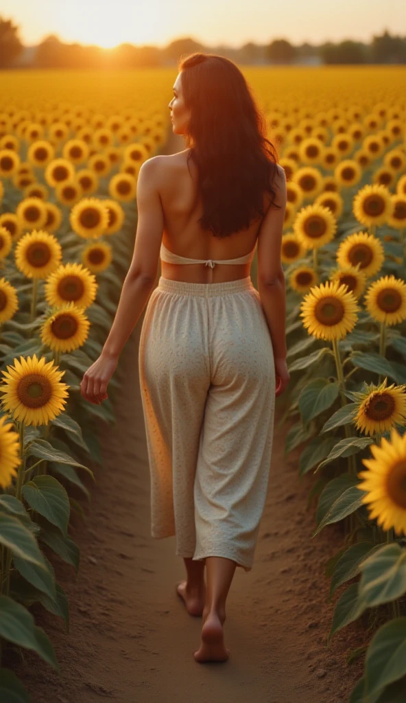 1 girl， ((raised huge round buttocks)), Wide  A sunflower field in full bloom，Back view of a woman in Translucent white thong (underwear),long shot,wide view, commercial photography，award-winning photograph，(photorealistic),unity 8k wallpaper,(ultra detailed:1.3),(light_on_face:1.4)，CanonEOS 5D MarkIV DSLR