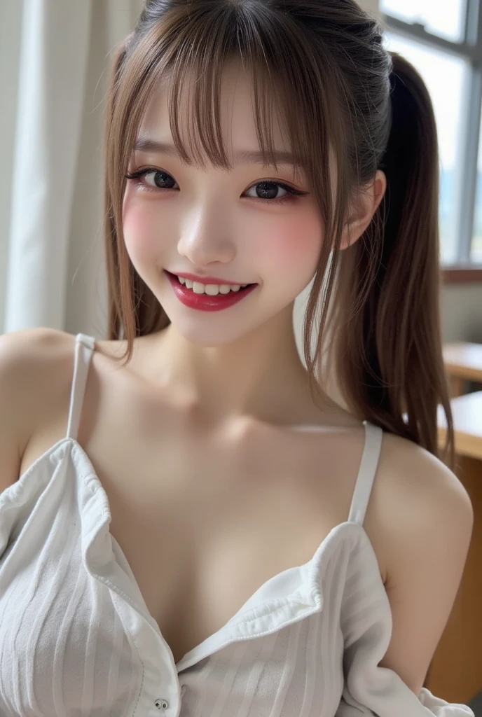 (masterpiece,best quality:1.4),(8k,raw photo,photo realistic:1.2),(shiny skin),detailed skin,detailed face,detailed eyes,Sparkling eyes:1.3,Detailed Background,detailed hand,1girl,(big hair ribbon), natural large breasts, ((super long pigtails hair,)), ,(Detailed tutuanna Lingerie Random), (very beautiful cute), beautiful asian,, girl cute-fine-face, (Instagram girl),Cute smile, (Detailed lingerie design,tutuanna,Lisa Magli,),,cowboy shot,,(front view),nsfw,sexy shot,((see-through)),((enakorin))