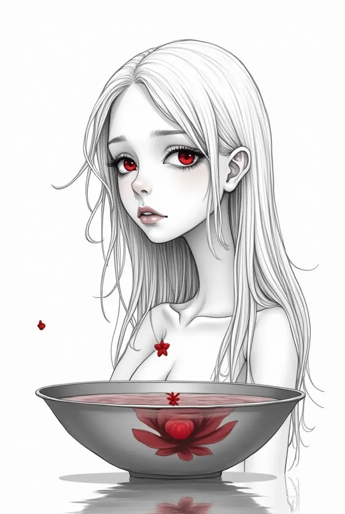 Jacques prevert black and white illustration art, illustration of a beautiful girl, an teen body, detail face, thin lips, a white very long hair, ruby eyes, melancholy, perspective - the reflection of a face in the water in the basin, line draw, white simple background, masterpiece --ar 2:3 --stylize 50