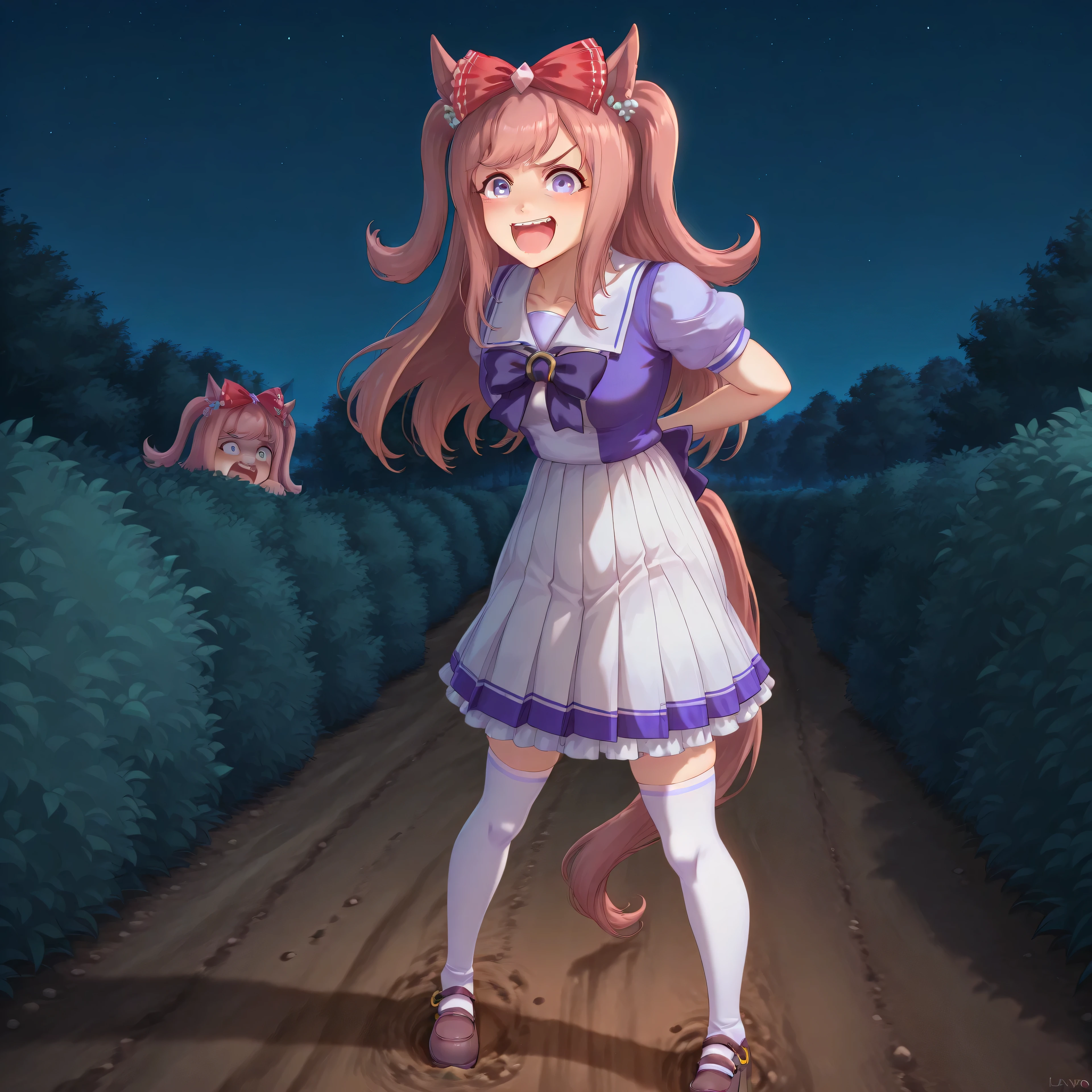 anime, lazypos, masterpiece, best quality, amazing quality, by dirt path, next to dormitories, night, night time, 1girl, solo, alone, agnes digital, horse girl, horse ears, horse tail, hair bow, red bow, TracenShort, tracen school uniform, purple sailor shirt, white pleated skirt, white thighhighs, brown loafers, purple bow, puffy short sleeves, hunched over, hiding behind bush, spying on viewer, excited, comical expression, kaogei,