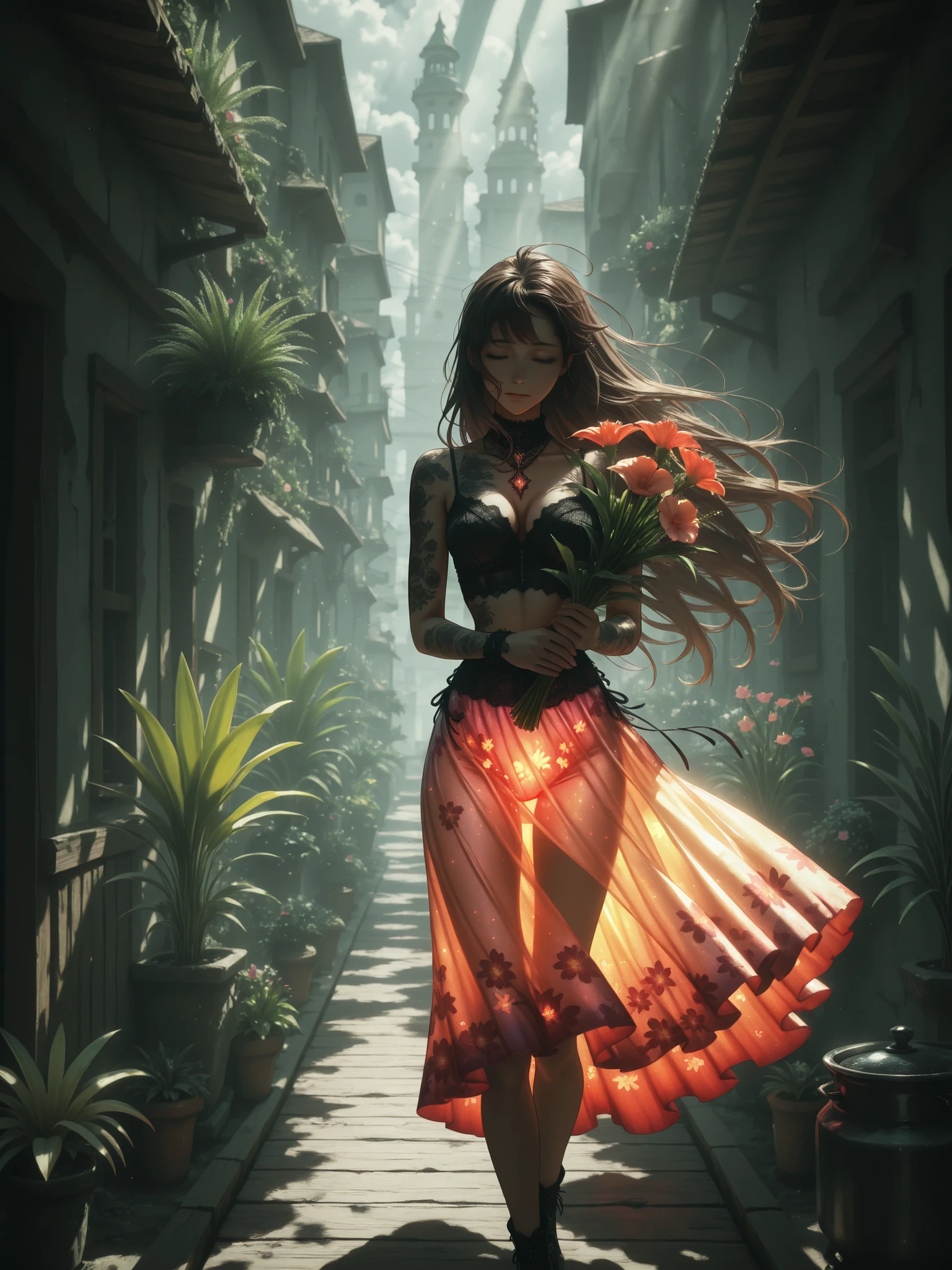 masterpiece, best quality,gothic girl in tattoos,  lace top ,  white shirt, ((glowing skirt, floral skirt, colored skirt, rustling skirt)), hands behind, walking, behind,  windy,  holding a bouquet of flowers , looking away , closed eyes, soft smile,  pot, duration, brown hair , very long hair, Unruly hair, combed strands, small breasts, thin, wooden terrace, coastal city view,  fantasy city , tall flowers, bright flowers, Tropical plants, in summer, shade, sunbeam,  windy, hair flutters in the wind,