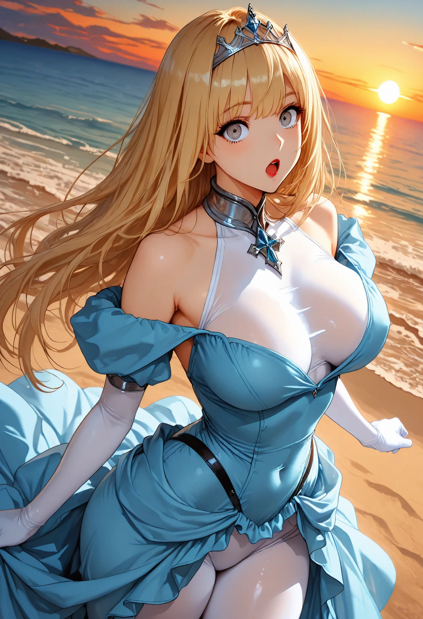 1girl,masterpiece, best quality, high resolution, green eyes, blue miniskirt, blue skirt, white blouse, short blouse, big breasts, nice breasts, pretty, blue skirt, blonde hair, blonde, ahoge hair beach, sand, sea :o