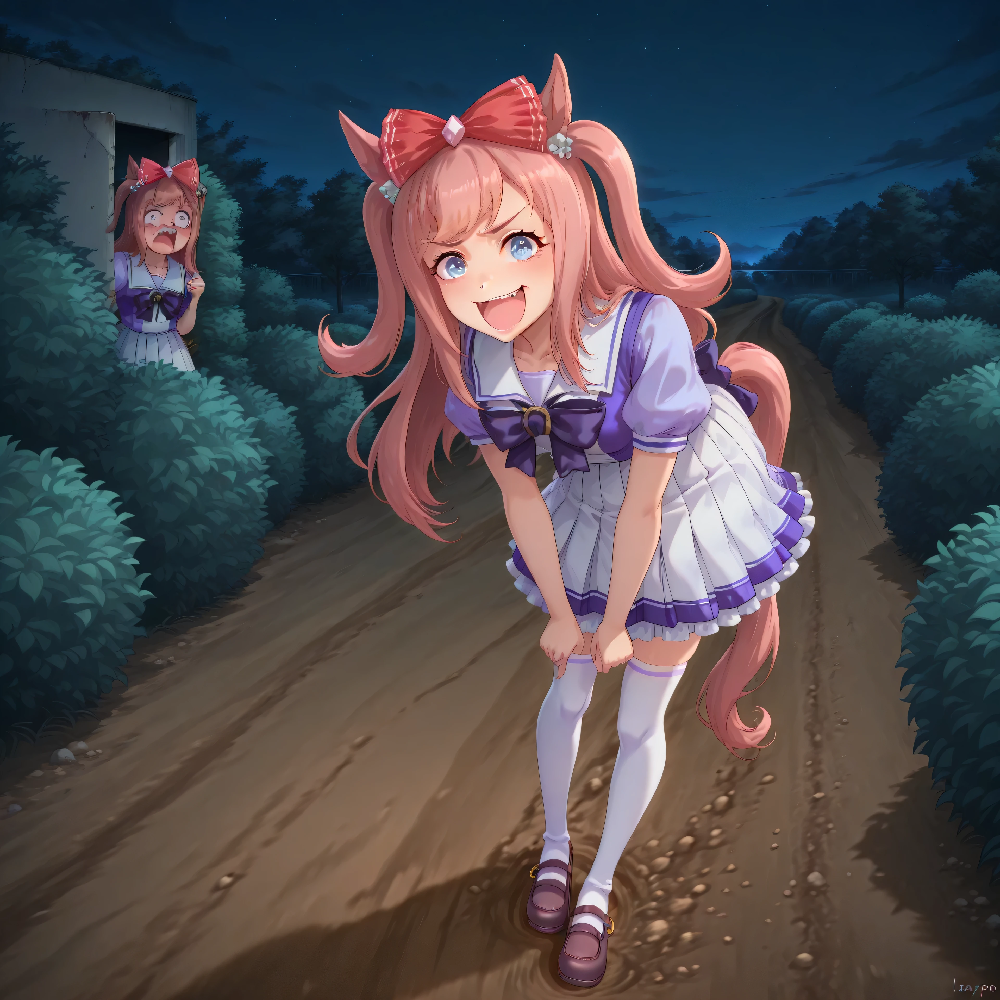 anime, lazypos, masterpiece, best quality, amazing quality, on dirt path, next to dormitories, night, night time, 1girl, solo, alone, agnes digital, horse girl, horse ears, horse tail, hair bow, red bow, TracenShort, tracen school uniform, purple sailor shirt, white pleated skirt, white thighhighs, brown loafers, purple bow, puffy short sleeves, hunched over, holding fake bush, spying on viewer, excited, comical expression, kaogei,
