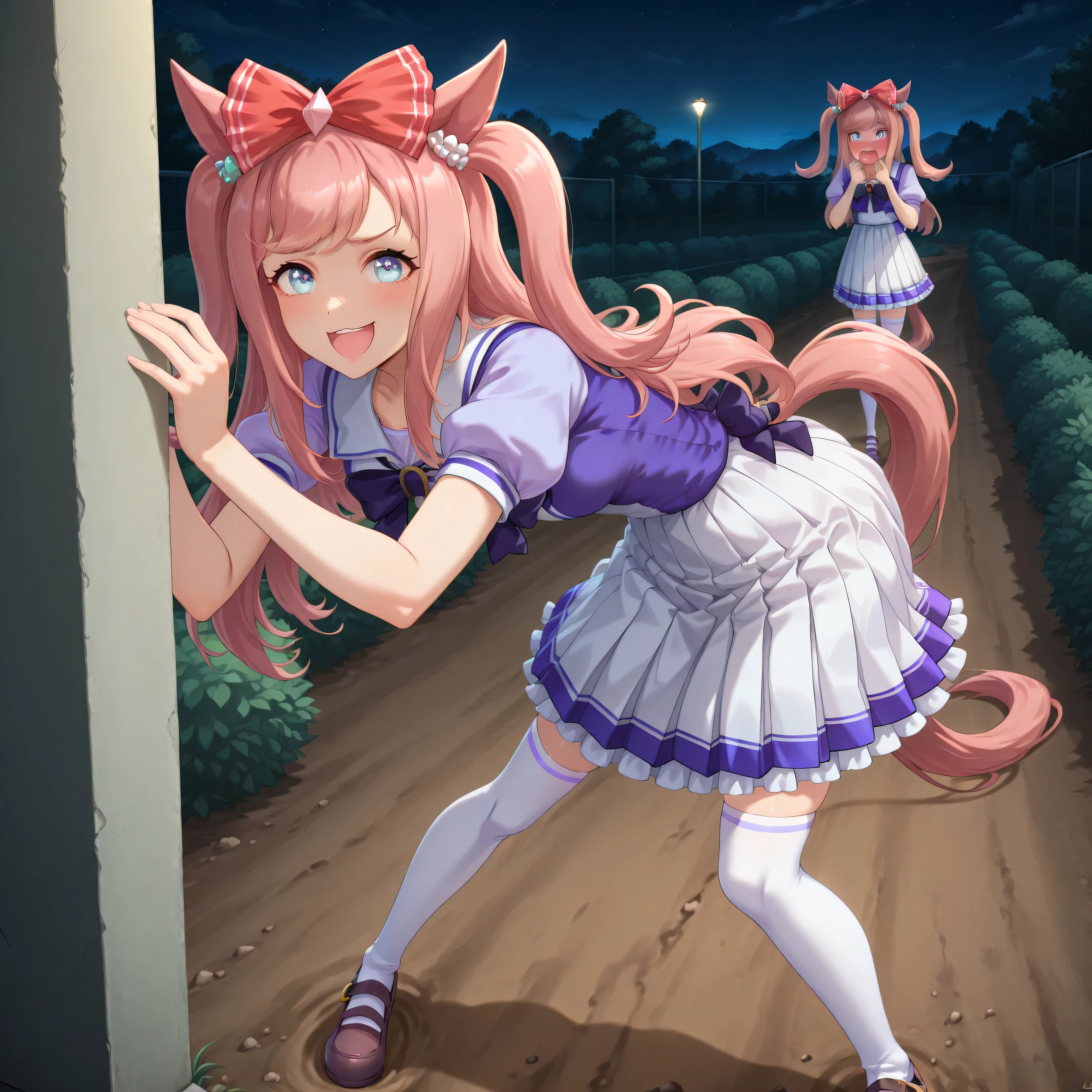 anime, lazypos, masterpiece, best quality, amazing quality, on dirt path, next to dormitories, night, night time, 1girl, solo, alone, agnes digital, horse girl, horse ears, horse tail, hair bow, red bow, TracenShort, tracen school uniform, purple sailor shirt, white pleated skirt, white thighhighs, brown loafers, purple bow, puffy short sleeves, hunched over, holding fake bush, spying on viewer, excited, comical expression,