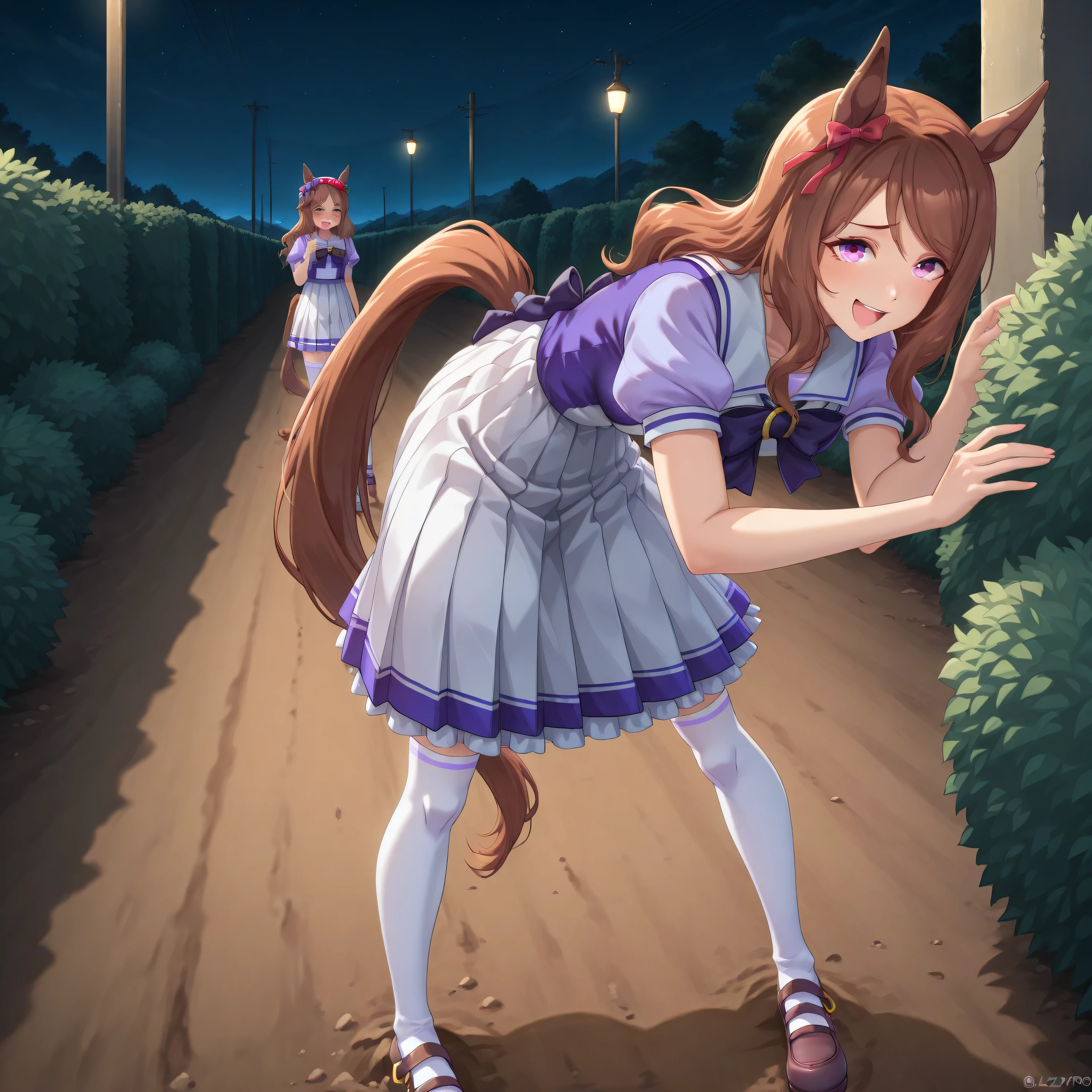 anime, lazypos, masterpiece, best quality, amazing quality, on dirt path, next to dormitories, night, night time, 1girl, solo, alone, horse girl, horse ears, horse tail, hair bow, red bow, TracenShort, tracen school uniform, purple sailor shirt, white pleated skirt, white thighhighs, brown loafers, purple bow, puffy short sleeves, hunched over, holding fake bush, spying on viewer, excited, comical expression,
