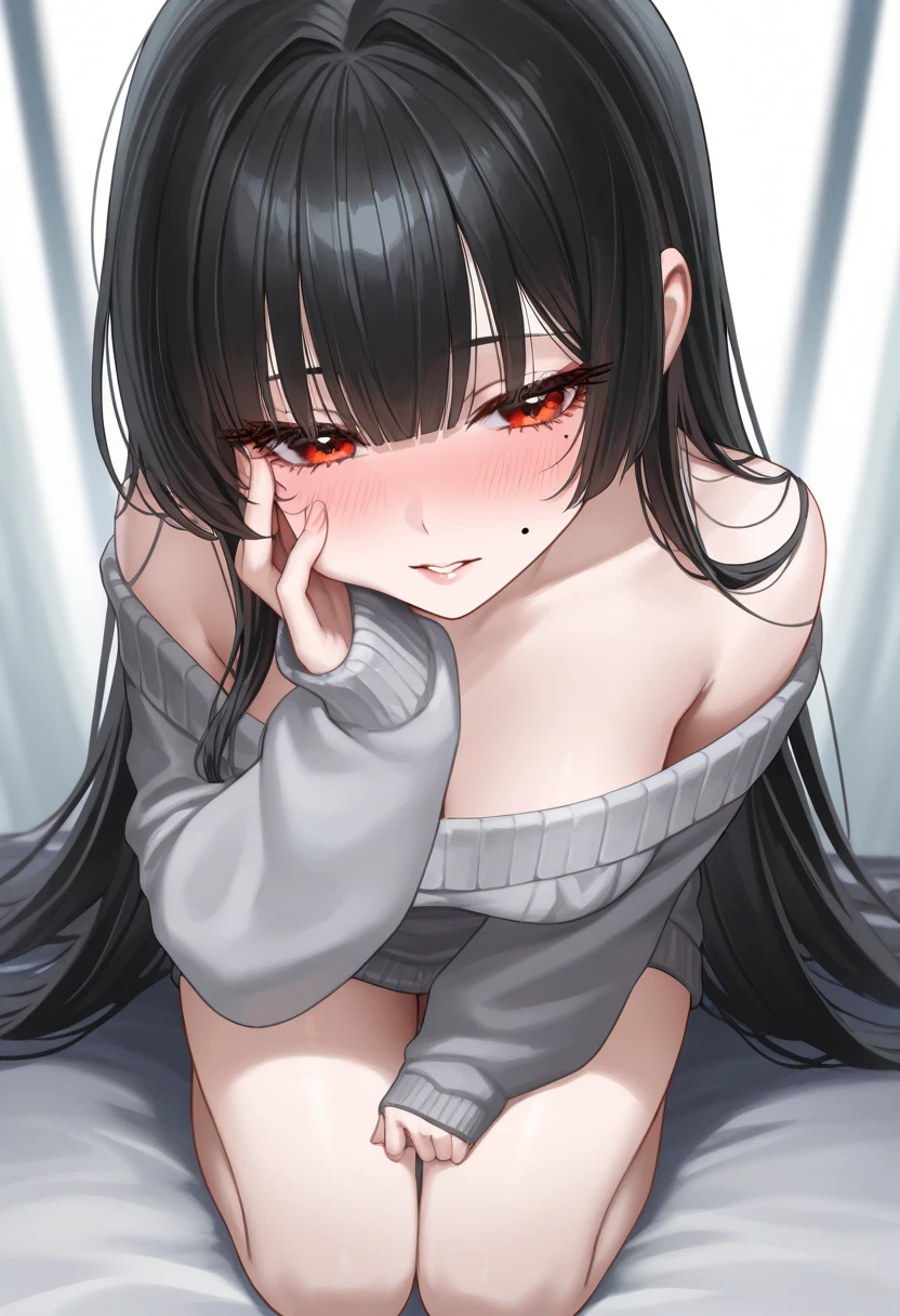 ((muste piece, best quality, High resolution, Depth of the bounds written, In 4K, Detailed Lighting, beautiful anime game girl)), 1girl, solo, hu tao (genshin impact), (wearing a black sweater 1.2) big breast, red eyes, in room background