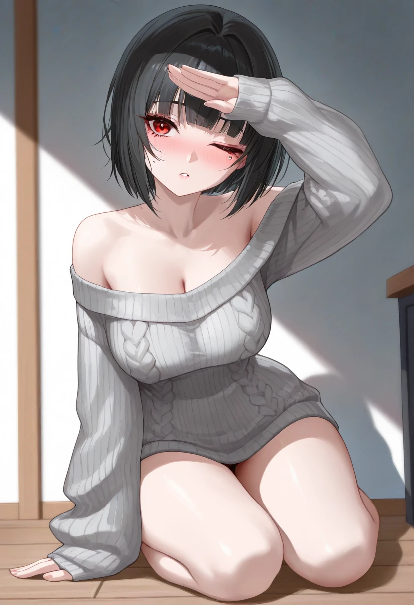 ((masterpiece)), (best quality), (ultra-detailed), best artist, realistic, 4k wallpaper, detailed face, (seductive smiling), 1girl, ((black bob hair)), ((blunt bangs)), ((sexy)), (erotic:1.2), headphones, (thigh highs, sweater:1.4), seductive, gamer girl, Tae Takemi, choker, (red lipstick, parted lips, seductive smiling), large breasts, thick thighs, skindentation, standing, cowboy shot, looking at viewer, indoors, oiled skin:0.4, (shiny skin), ((correct composition)) <lora:TaeTakemiV2:0.8>