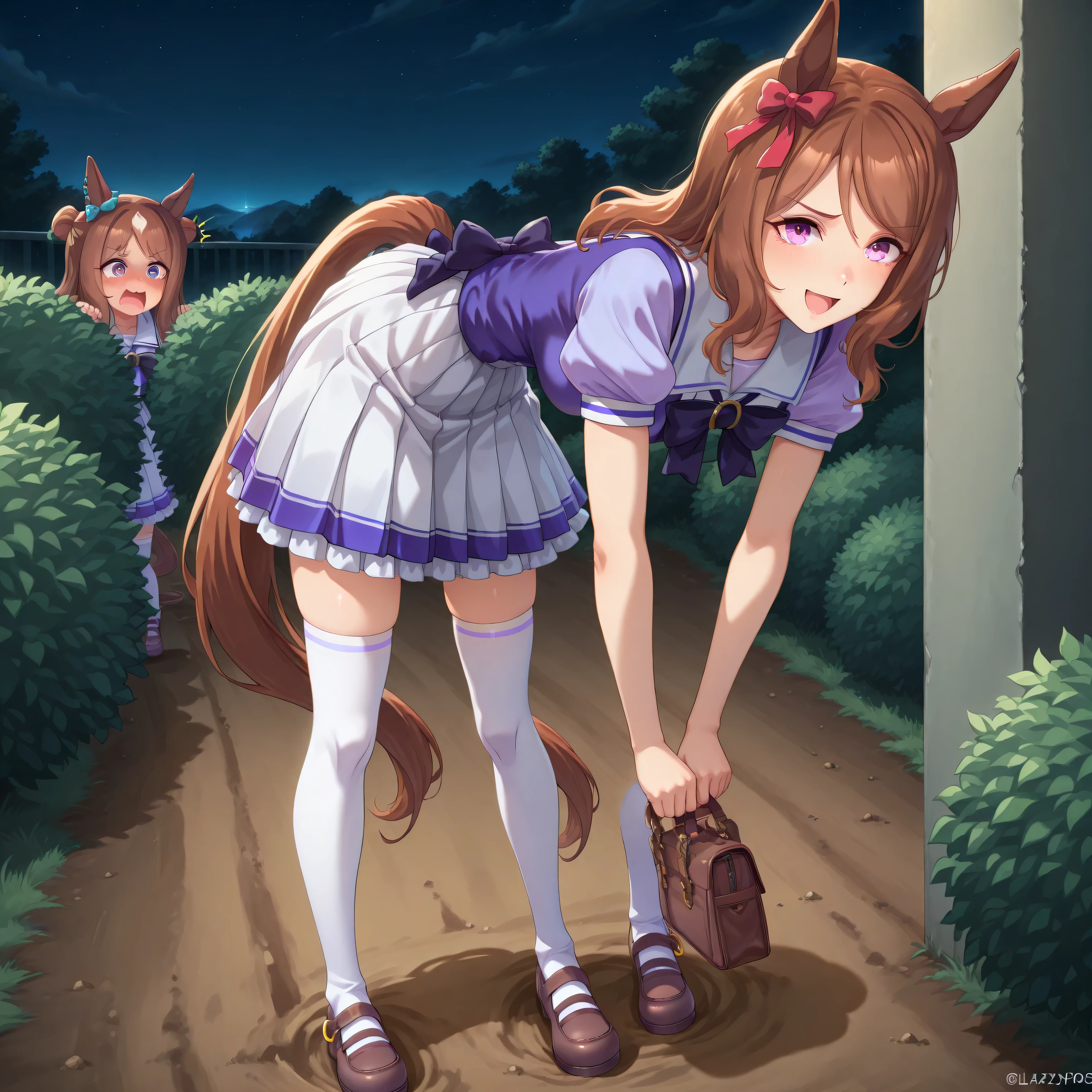 anime, lazypos, masterpiece, best quality, amazing quality, on dirt path, next to dormitories, night, night time, 1girl, solo, alone, horse girl, horse ears, horse tail, hair bow, red bow, TracenShort, tracen school uniform, purple sailor shirt, white pleated skirt, white thighhighs, brown loafers, purple bow, puffy short sleeves, hunched over, holding fake bush, spying on viewer, excited, comical expression,
