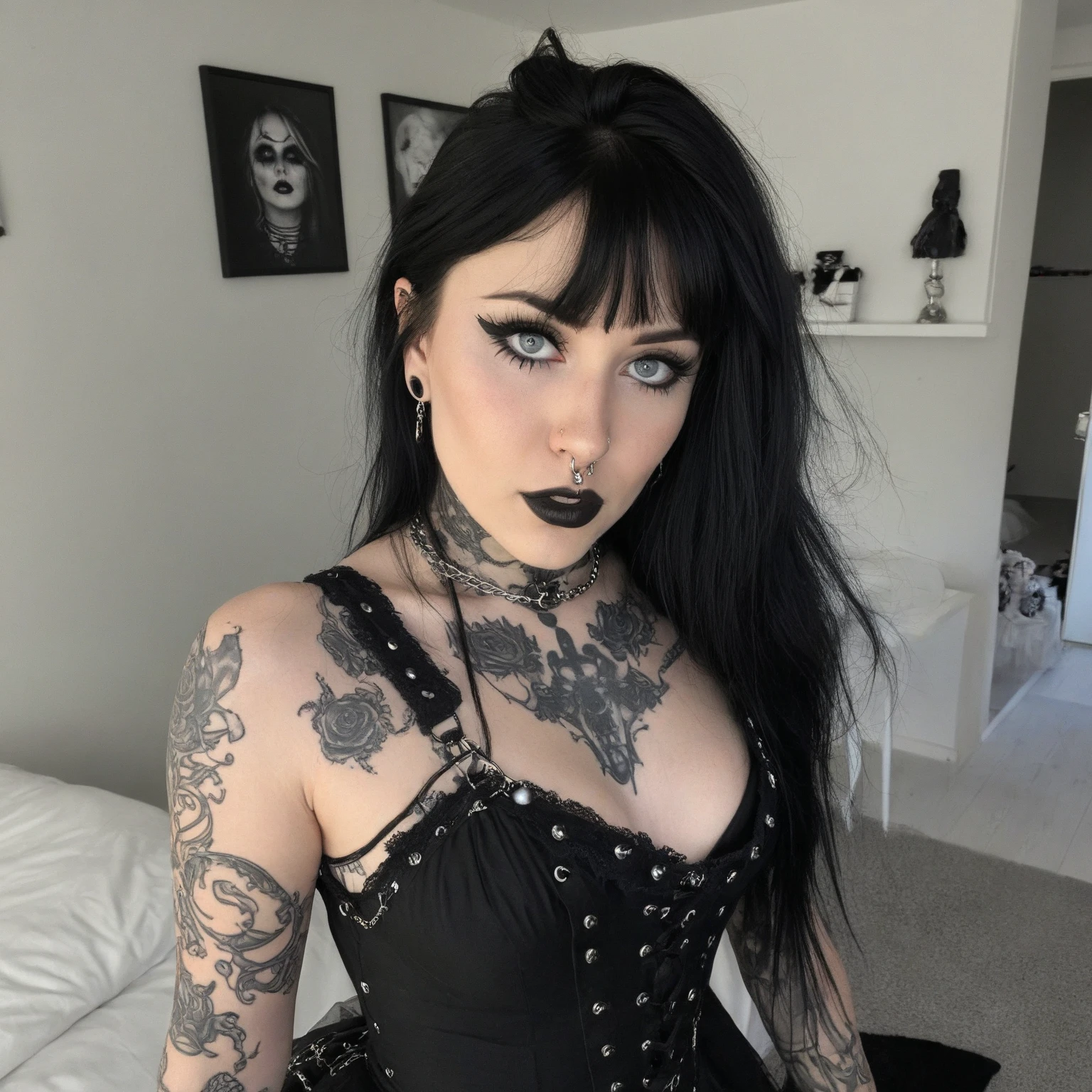 Young short little goth teen, sexy seductive facial features, tattooed face,high cheek bones, pure white skin, thin curved black eyebrows, long luscious eyelashes, Black eyeliner, dark black eye shadow, thick black lipstick, curved lips, Cleft chin, extremely detailed long black wavy hair, earrings, snake bites piercing, choker collar with chains, complete full body photo, small little perky breast, tattooed breast, tattooed Sternum underboob, tattooed stomach, abs, skinny waist, skinny toned hips, toned thighs, small tight little ass,clean shaved pussy, tattooed back, tattooed hips, thick toned ass, tattooed vagina, tattooed ass, sexy seductive lace lingerie,