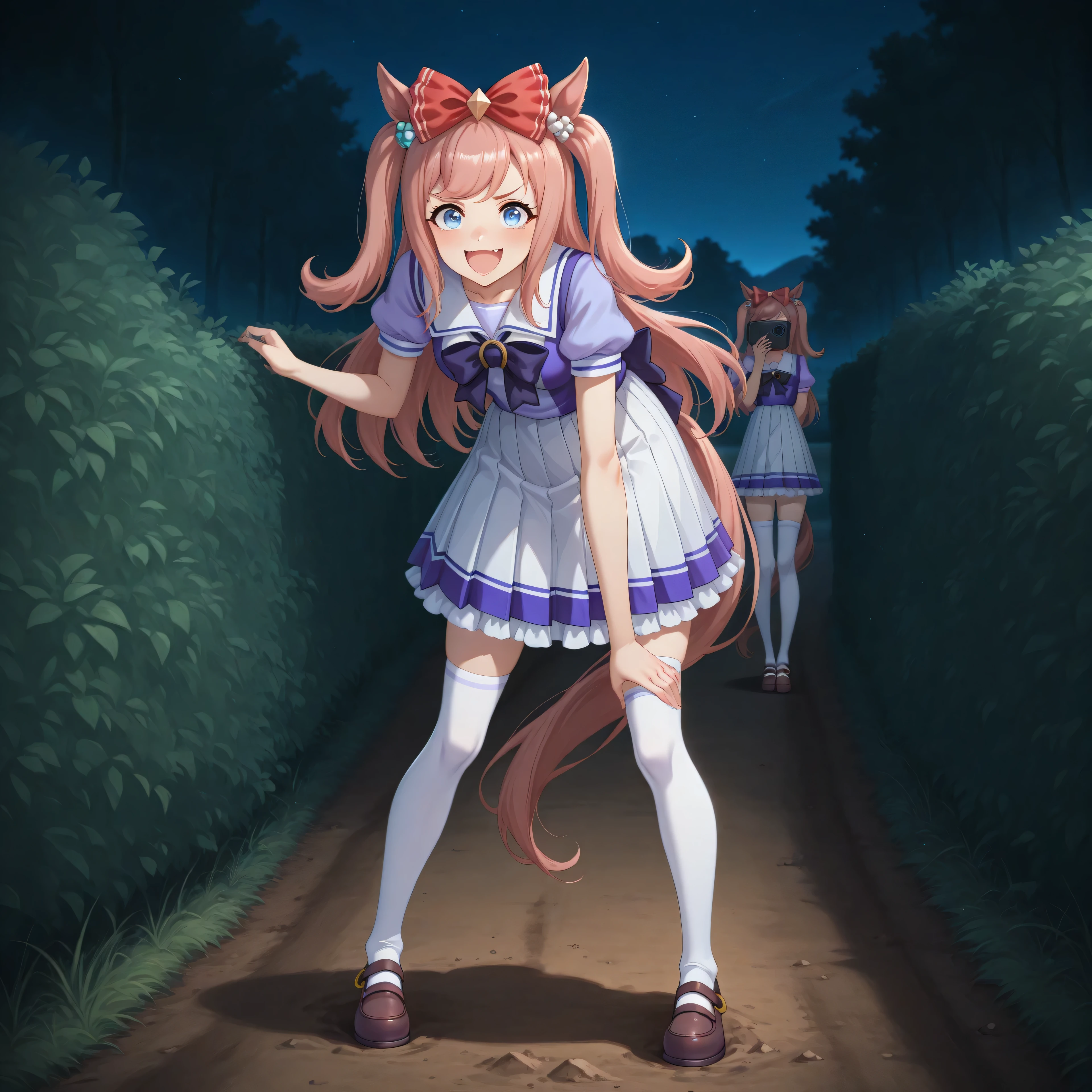 anime, lazypos, masterpiece, best quality, amazing quality, on dirt path, next to dormitories, night, night time, 1girl, solo, alone, agnes digital, horse girl, horse ears, horse tail, hair bow, red bow, TracenShort, tracen school uniform, purple sailor shirt, white pleated skirt, white thighhighs, brown loafers, purple bow, puffy short sleeves, hunched over, holding fake bush, spying on viewer, excited, comical expression,