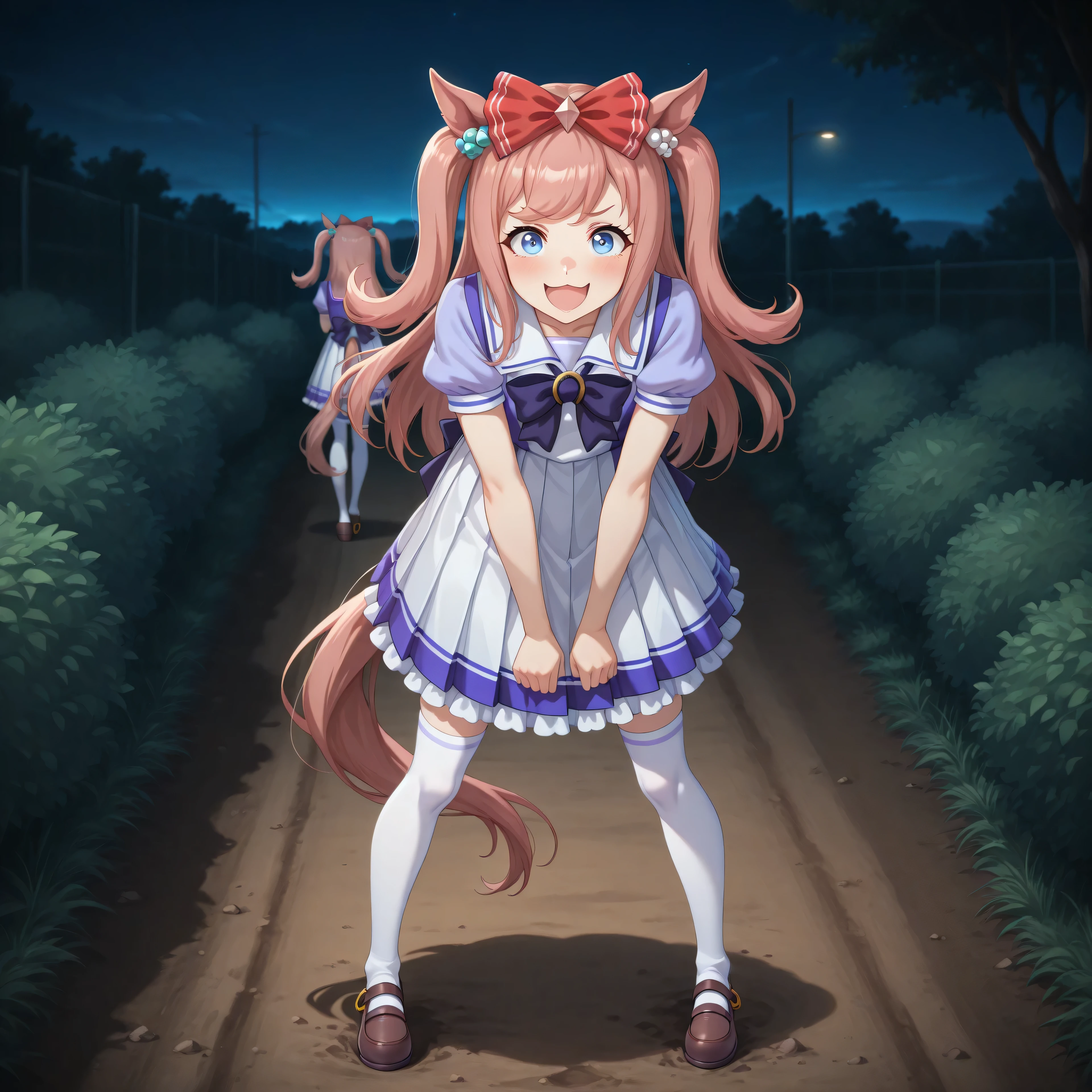 anime, lazypos, masterpiece, best quality, amazing quality, on dirt path, next to dormitories, night, night time, 1girl, solo, alone, agnes digital, horse girl, horse ears, horse tail, hair bow, red bow, TracenShort, tracen school uniform, purple sailor shirt, white pleated skirt, white thighhighs, brown loafers, purple bow, puffy short sleeves, hunched over, holding fake bush, spying on viewer, excited, comical expression,