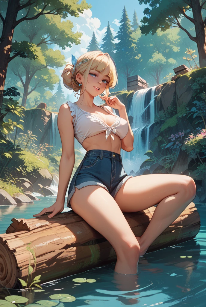 1girl, solo, tia, golden short hair, angel, looking at viewer, large breasts, cleavage, masterpiece, full body, best quality, nsfw, beauty, beautiful feets, forest, near waterfall