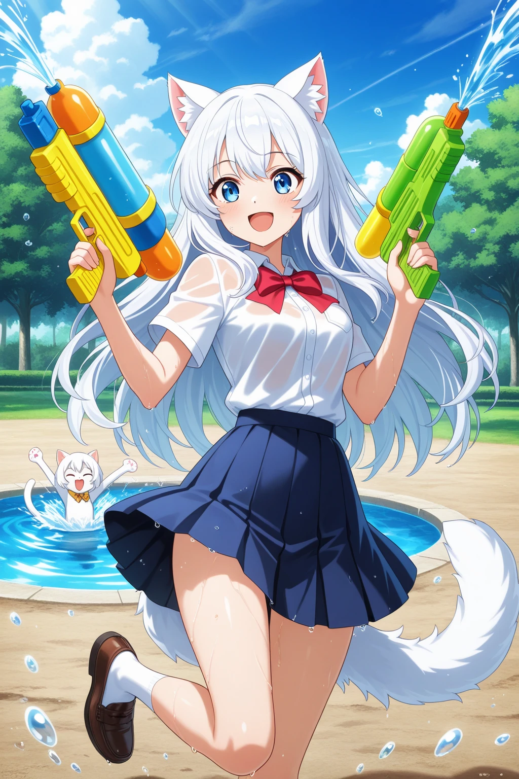 (((best quality)), ((masterpiece)), (details), masterpiece, best quality, high quality, ulutra detailed, perfect face, ((1girl, blue eyes, cat ears: 1.3 silver bob hair: 2.5,)) 、Shiny Hair、Glowing Skin、blush、Lustful look、coastal、Water Play、holding water pistol、Splash、smile、blue sky、A big rainbow shines、One-piece swimsuit with frills、