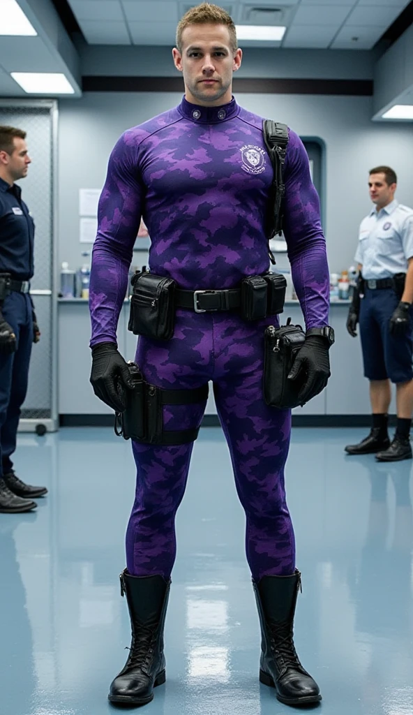 male, security guard, tight spandex uniform, purple camo suit, black gloves, black boots, black belt with pouch, ginger buzz short haircut, muscular build, standing pose, glossy floor reflection, sci-fi laboratory background




