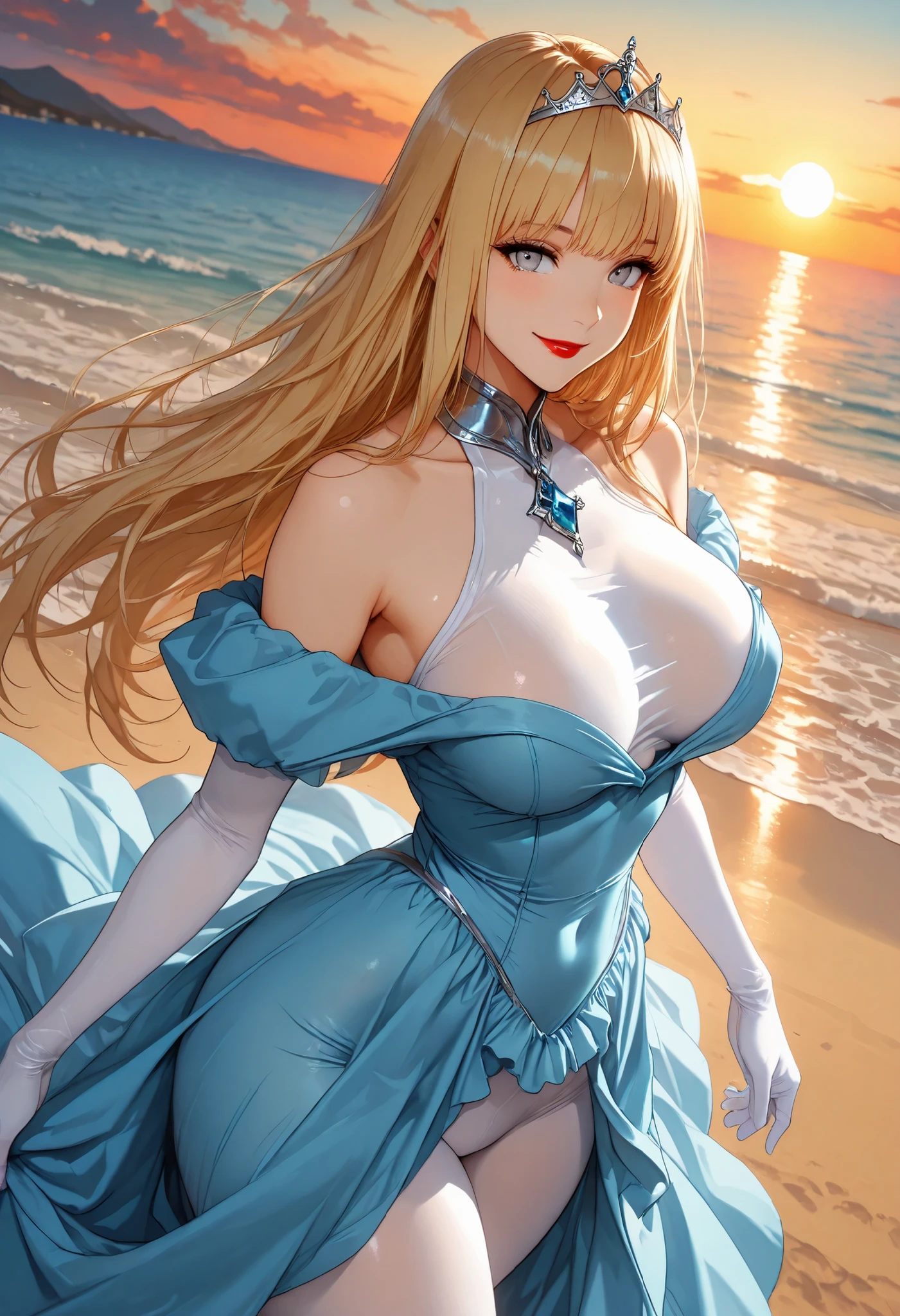 yellow hair, Blue Eyes, long hair, Adult Female , white dress, D cup