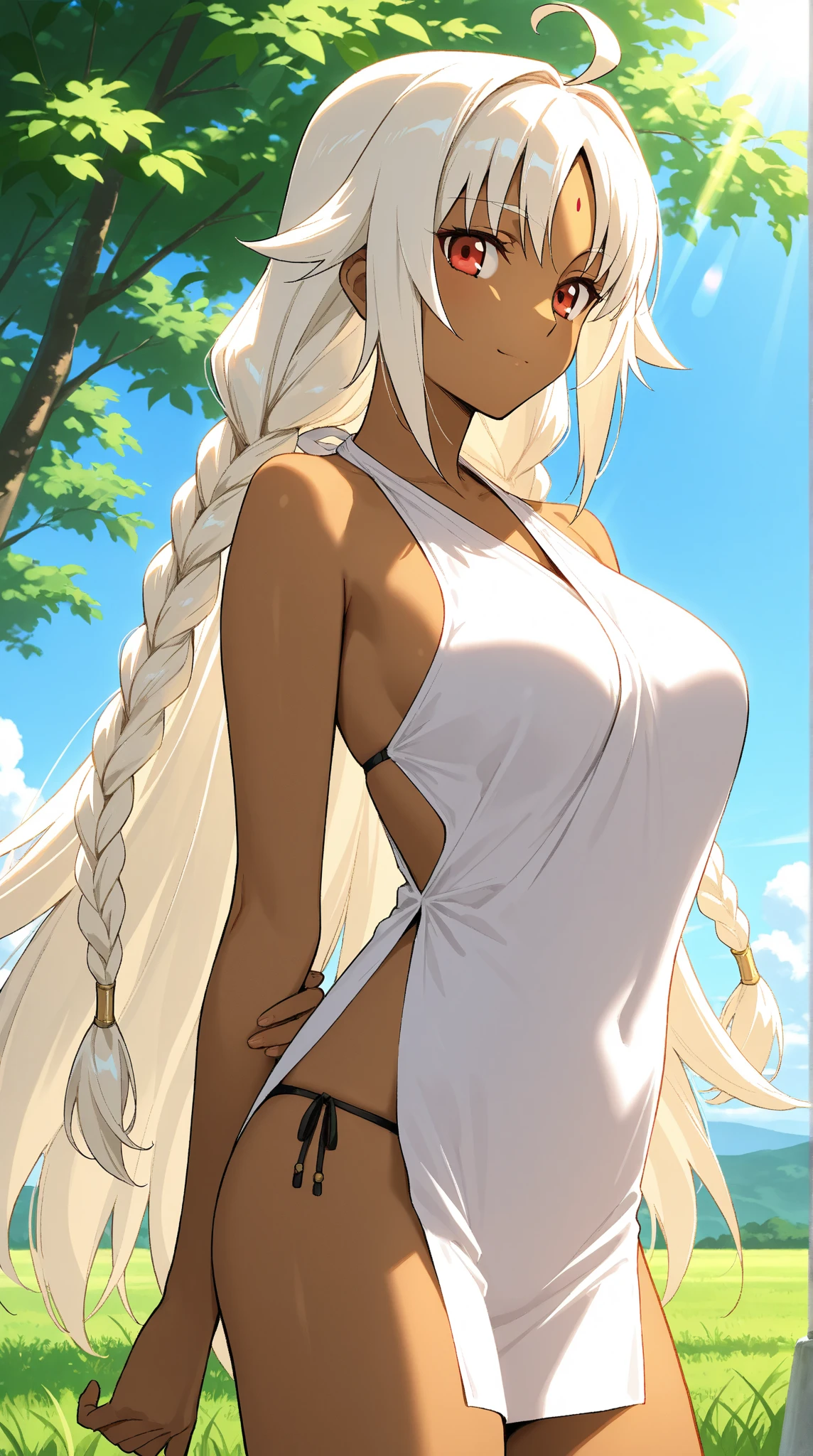 anime art of a beautiful woman in a revealing swimsuit posing under beach umbrella, she's wearing fake angel wings, she has a costume halo, mostly clear skies contrast with her tanned skin, long blonde hair done in a braided ponytail, she has a smiling flirtatious face, (dramatic lighting:1.4), detailed iris, (first person point of view:1.3), anime, focus on eyes, portrait taken with fisheye lens, (anime:1.3)