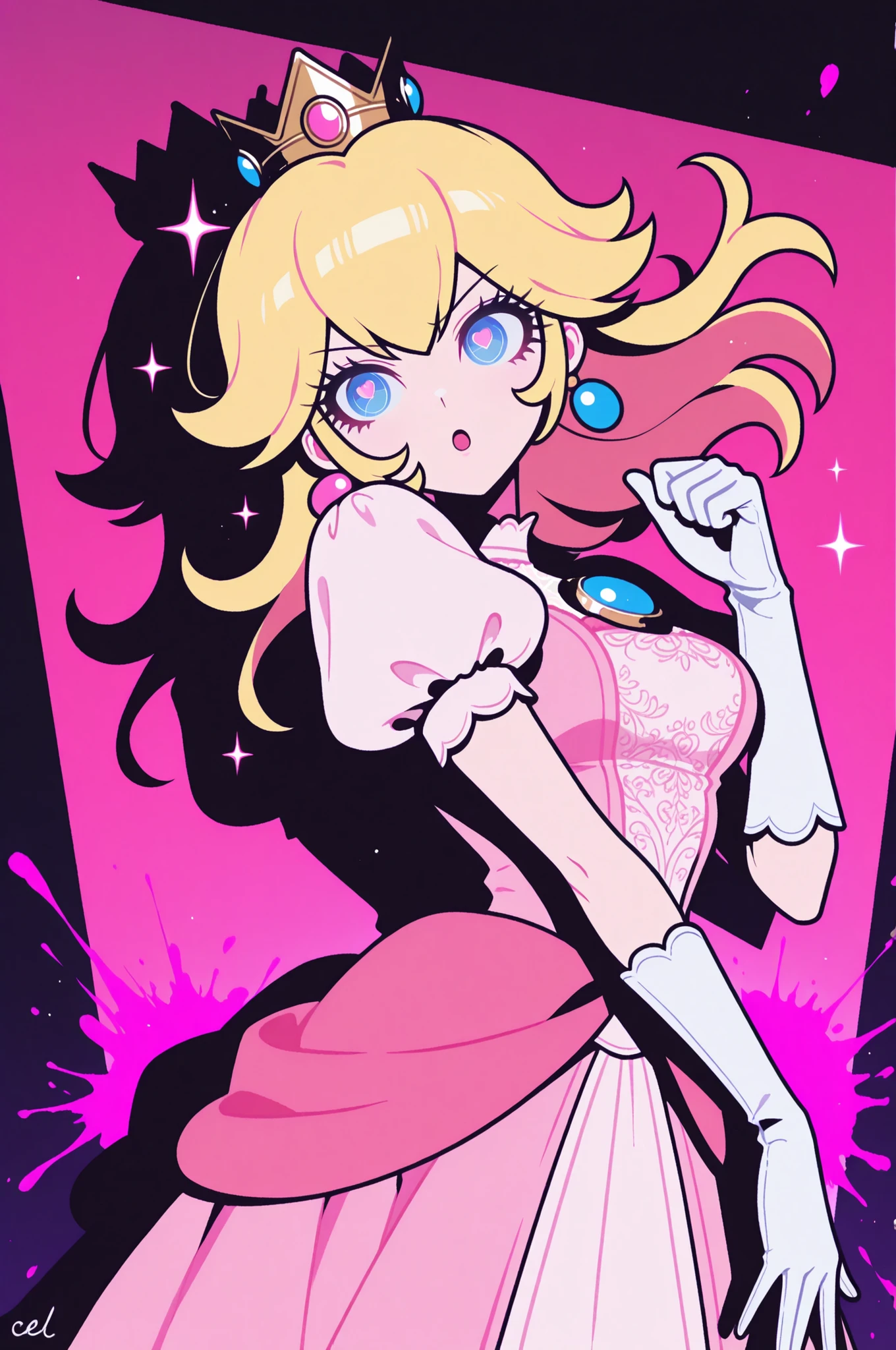 high quality, masterpiece, ultra detailed, Princess Peach, Danganronpa art style, (bold black outlines:1.3), (high contrast shading:1.2), (intense lighting), (anime style), (heart-shaped face), (large expressive blue eyes:1.2), (thick eyelashes), (signature blonde hair with side flip:1.3), (ornate crown), (pink heart earrings), (pink and white royal dress), (puffy princess sleeves), (white gloves), (dramatic pose), (confident stance), (sparkles effect), (pink color scheme), (white highlights), (dynamic shadows), (vibrant background), (Danganronpa UI elements), (character spotlight), (investigation scene style), (sharp angles), (pink blood splatter aesthetic), (dramatic lighting), (2D style), (clean linework), (cel shading), (pink gradient effects), (truth bullet aesthetic)
