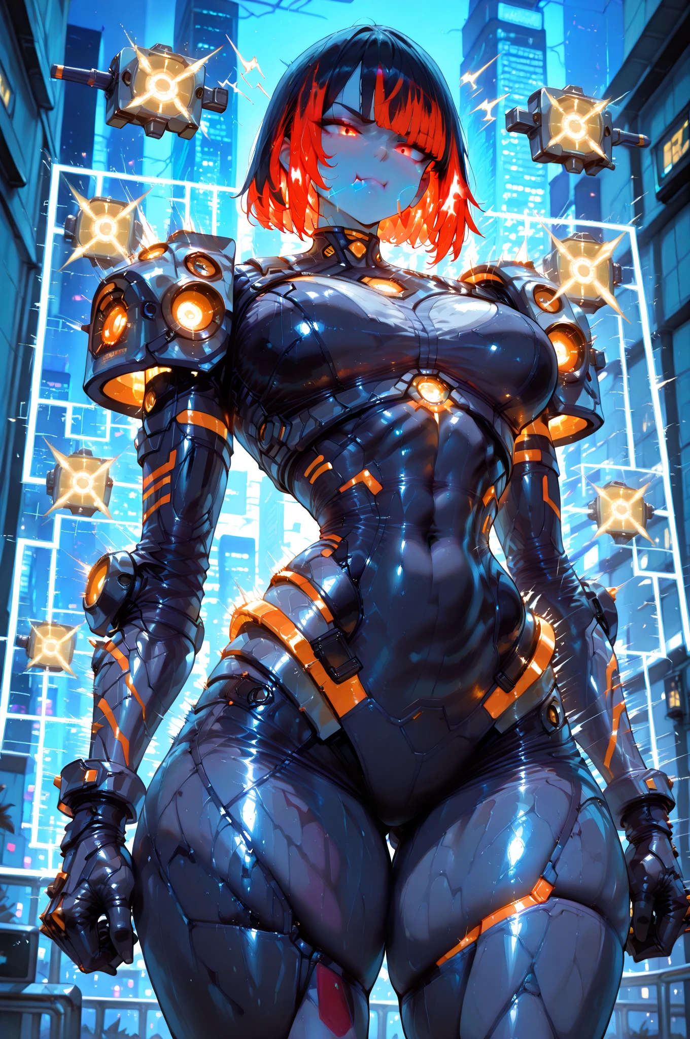 ((Best quality)), ((masterpiece)), (detailed: 1.4), (((back))), ((Perfect ass)), A cyberpunk warrior 35-year-old muscular woman almost naked in the Simon Bisley style for the cover of Heavy Metal magazine, bare thighs, tiny thong, garter belt, (((super short orange hair))), clean face, Minimum clothing, light blue carbon fiber cyberpunk clothing with small details in dark blue and white,  (((blue clothing))), (((short-cut))), (((mature woman))), (((full body)), (((tiny red thong ))), mechasuit