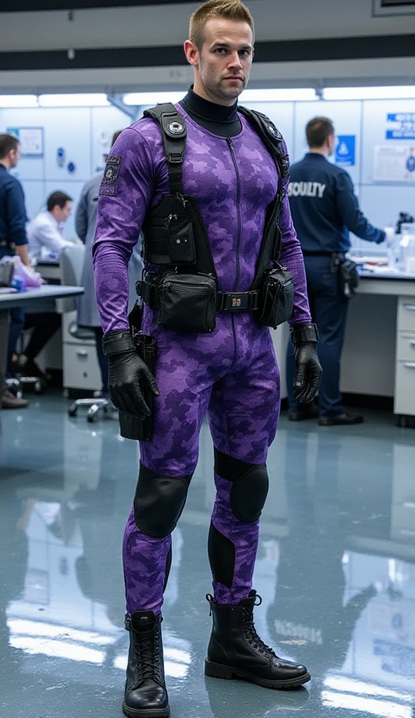 male, security guard, tight spandex uniform, purple camo suit, black gloves, black boots, black belt with pouch, ginger buzz short haircut, muscular build, standing pose, glossy floor reflection, sci-fi laboratory background with a some scientists working




