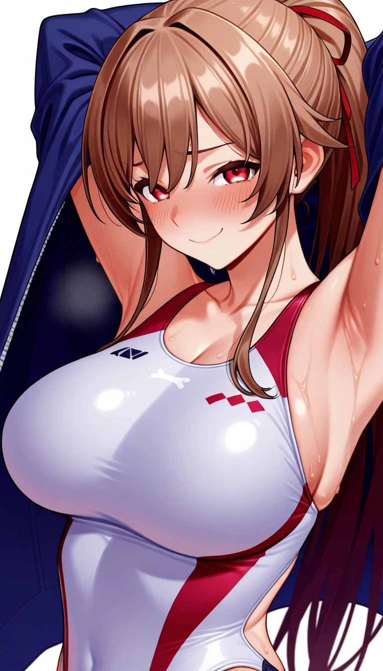 best quality, masterpiece, ultra-detailed,
1girl, solo, kondou taeko, looking at viewer, smile,
red headband, volleyball uniform, sportswear, huge breasts, sleeveless,